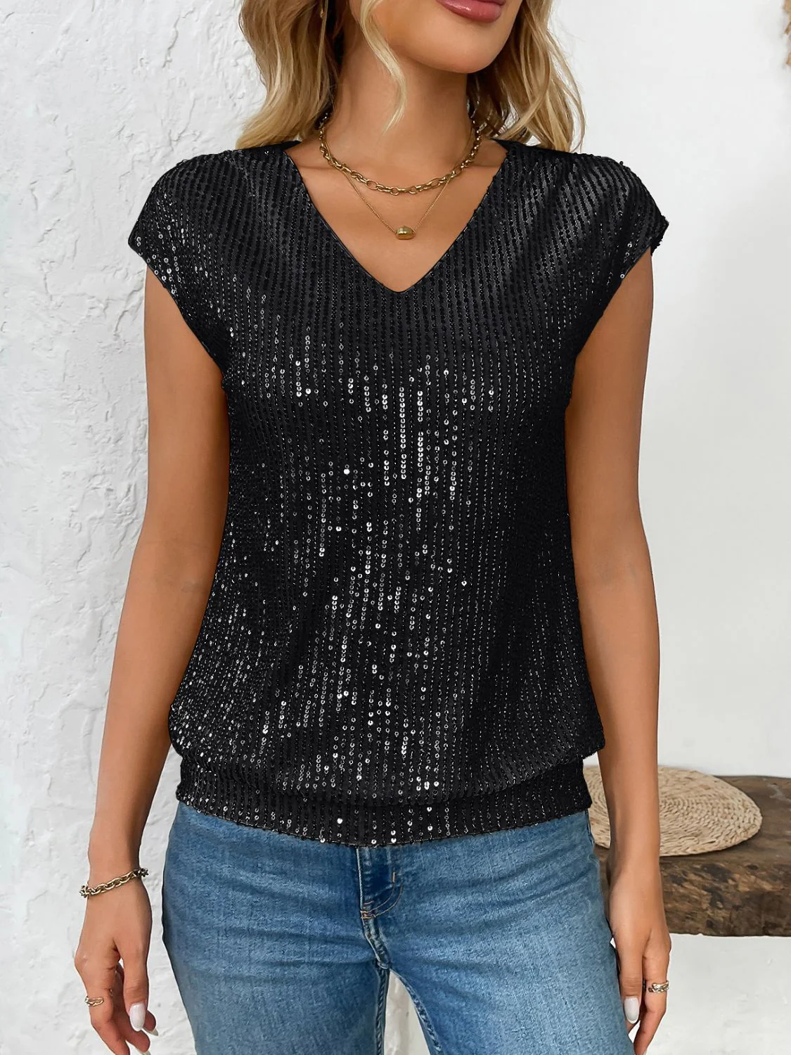 Sequin V-Neck Cap Sleeve Top - Image 5
