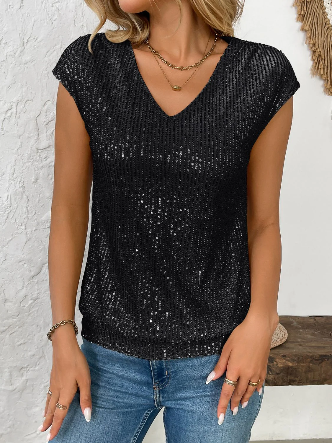 Sequin V-Neck Cap Sleeve Top - Image 8
