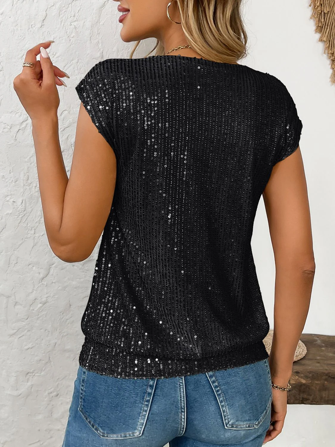 Sequin V-Neck Cap Sleeve Top - Image 9