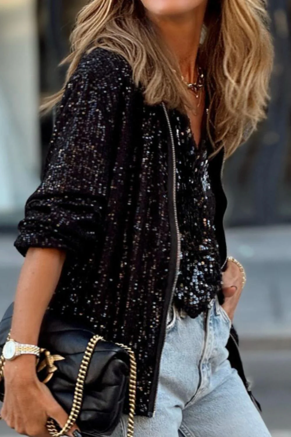 Sequin Zip Up Long Sleeve Jacket - Image 11