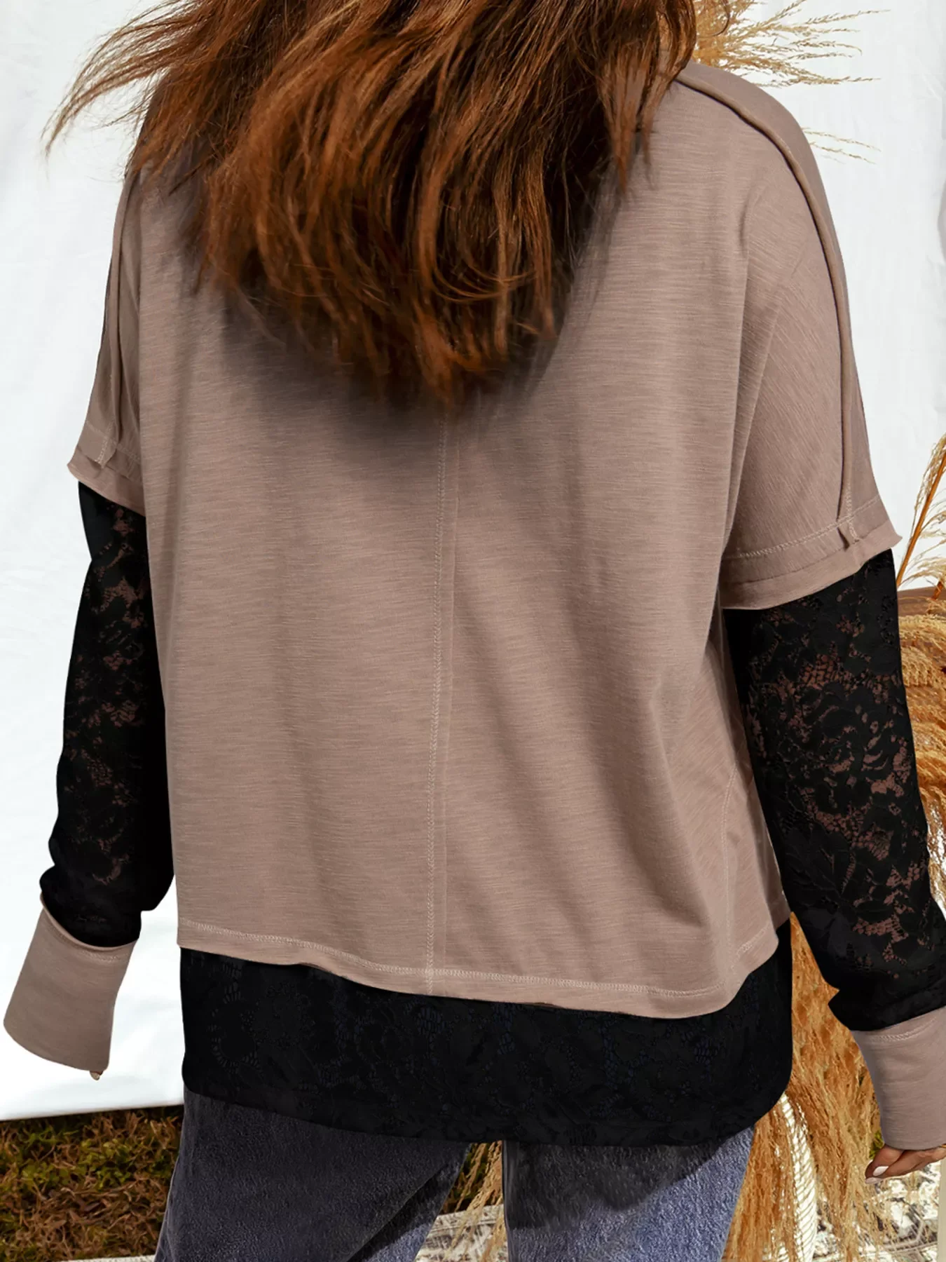 Sheer Lace Patchwork Casual Long Sleeve Tee - Image 2