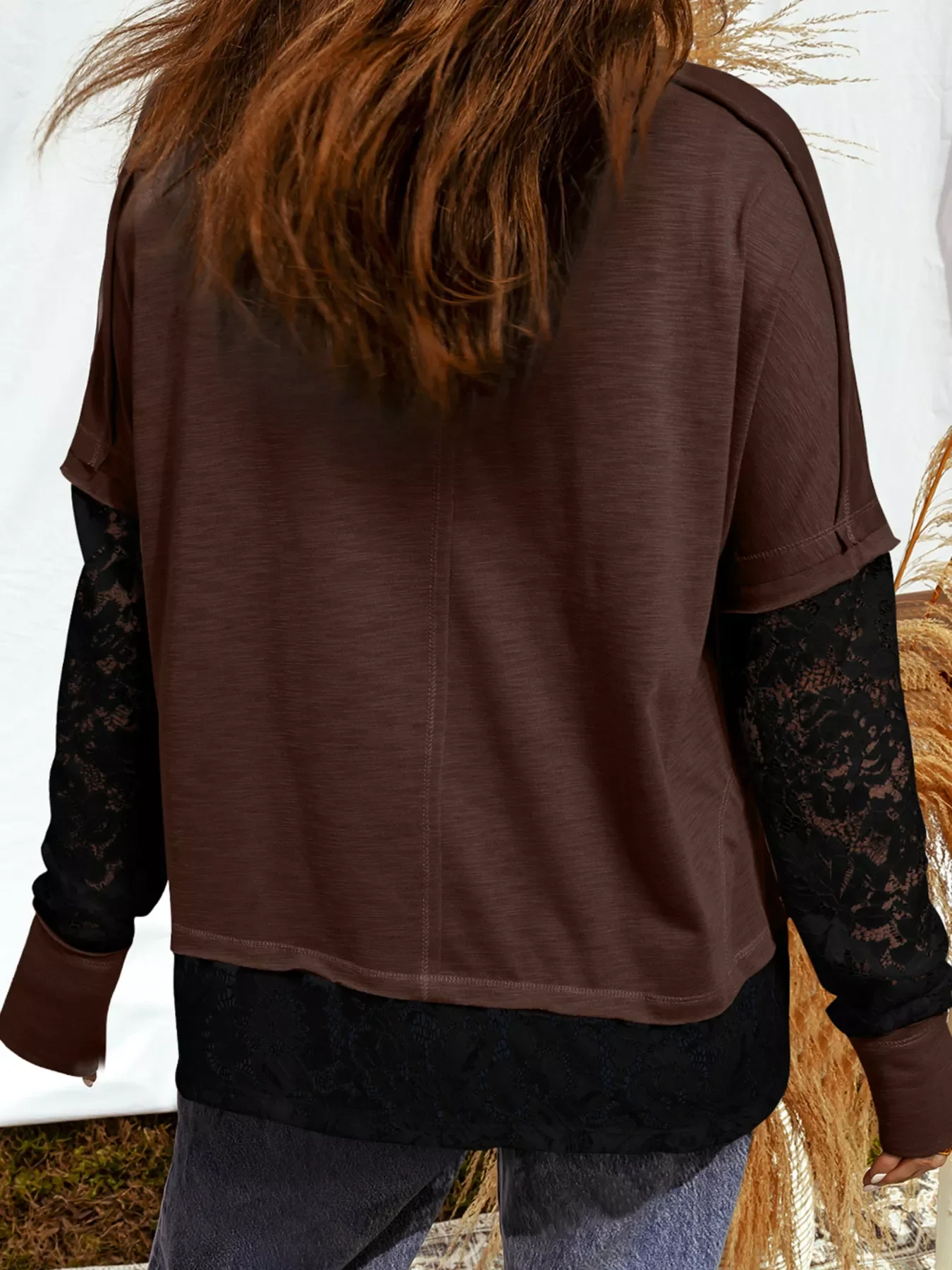 Sheer Lace Patchwork Casual Long Sleeve Top - Image 2