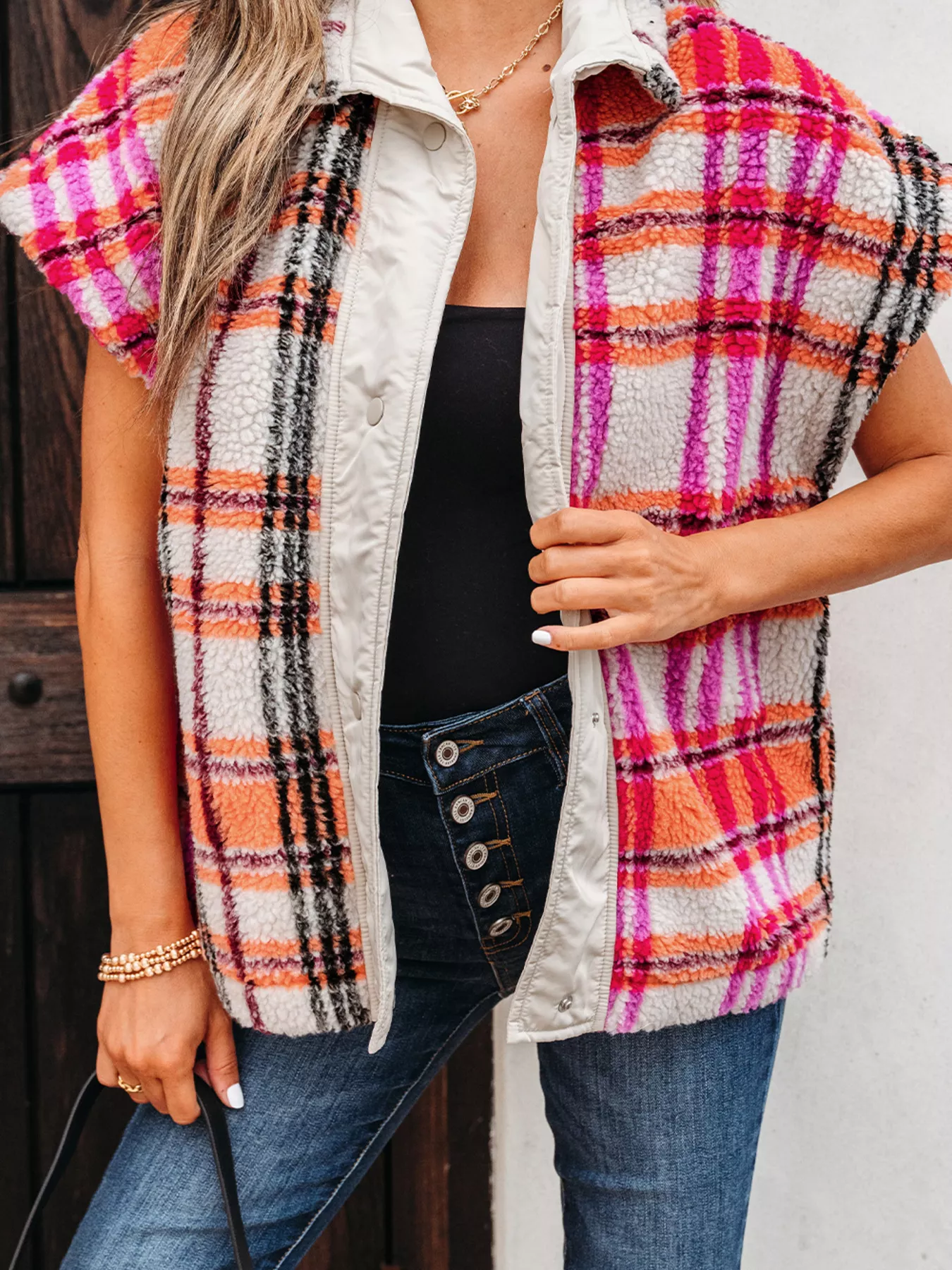 Sherpa Plaid Snap Down Vest Coat - Image 2