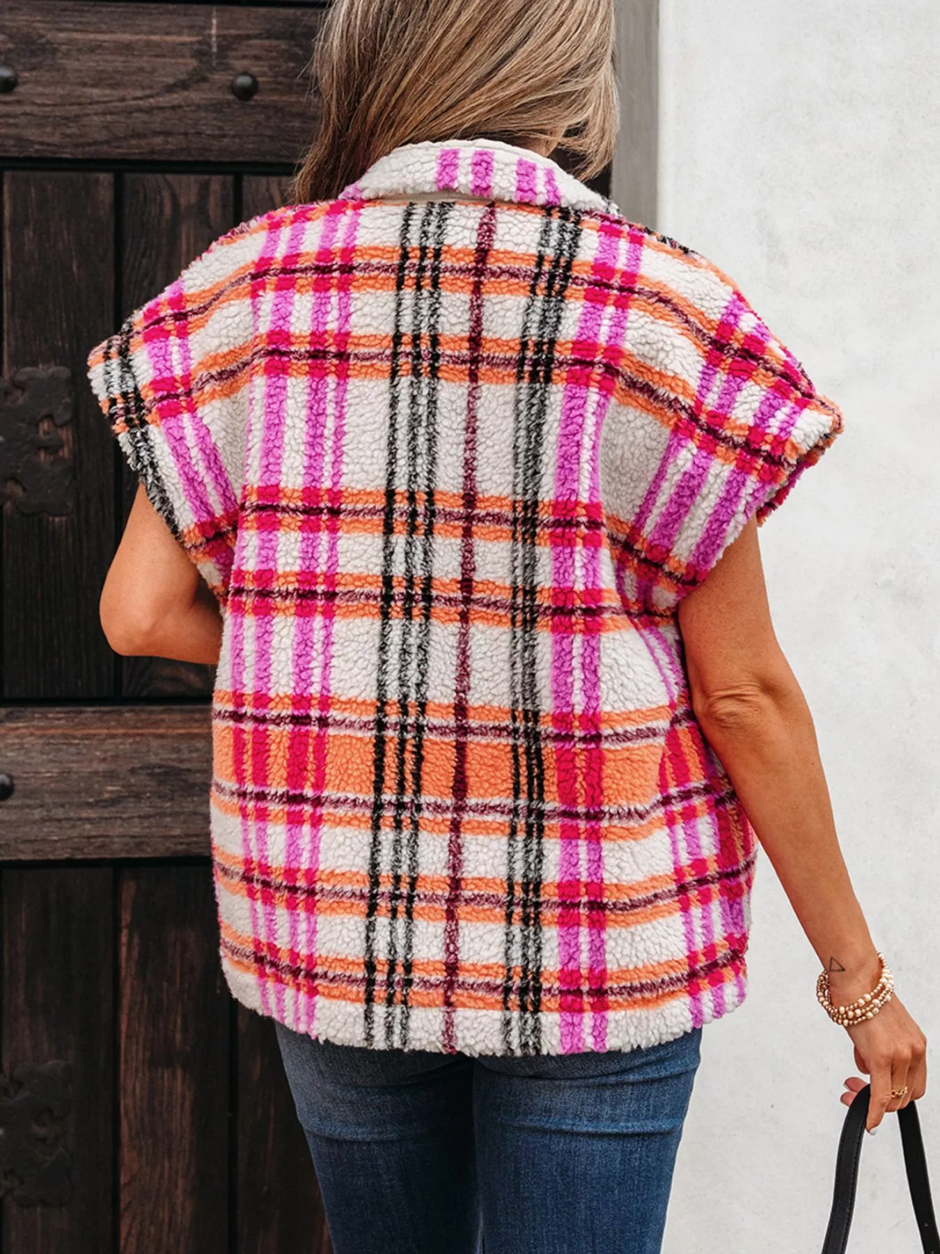 Sherpa Plaid Snap Down Vest Coat - Image 4