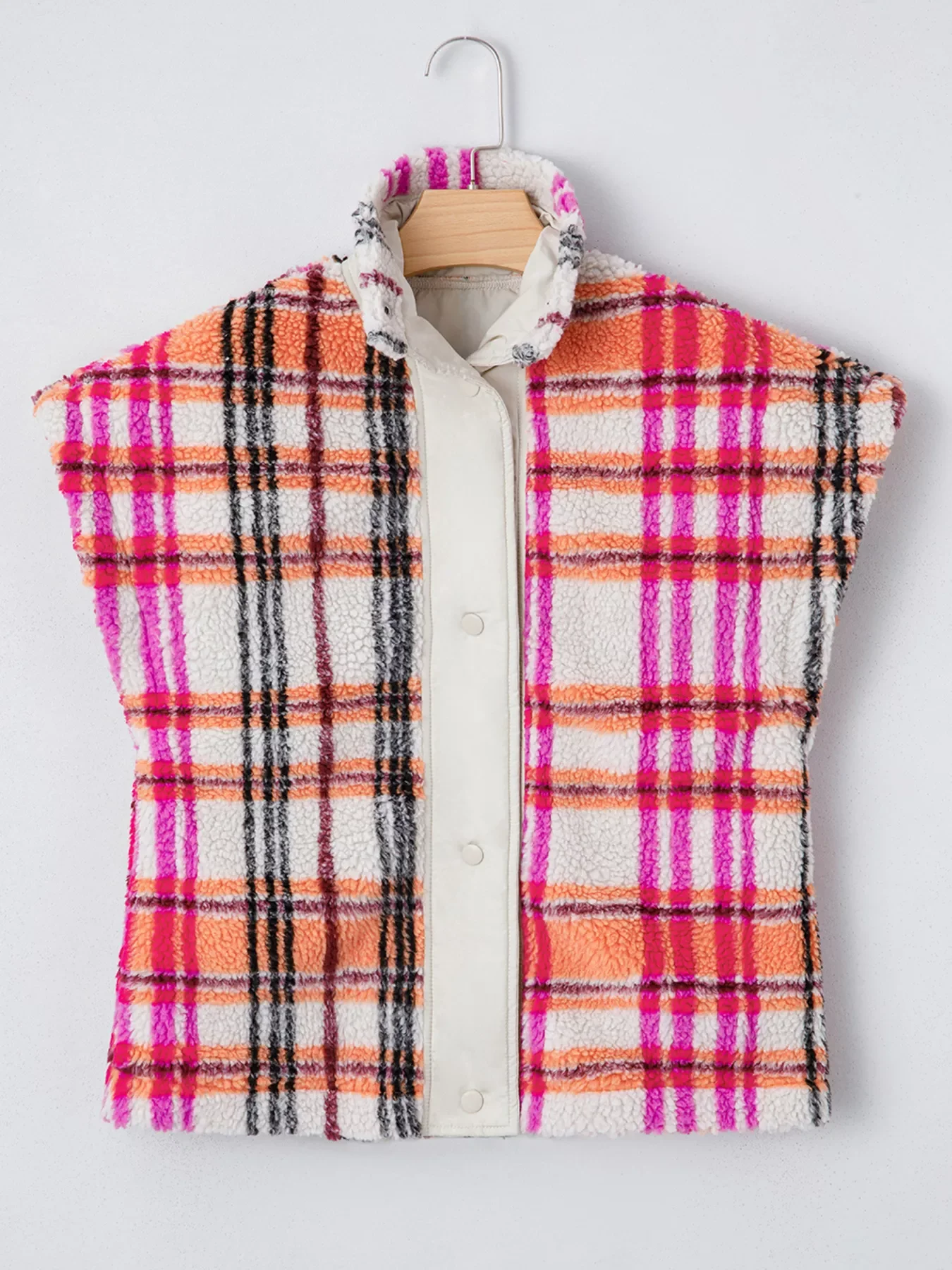 Sherpa Plaid Snap Down Vest Coat - Image 5