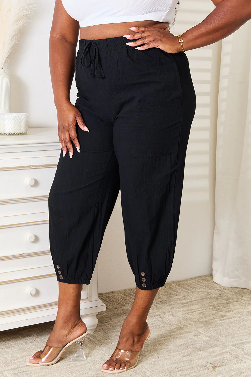 Shiny Decorative Button Cropped Pants - Image 2
