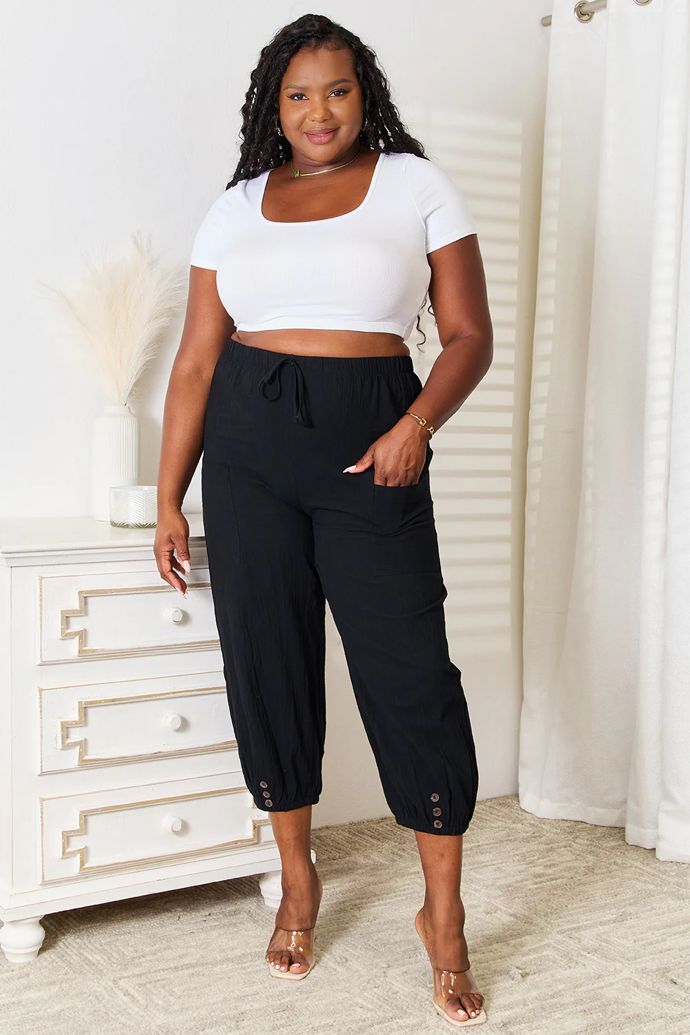 Shiny Decorative Button Cropped Pants - Image 3