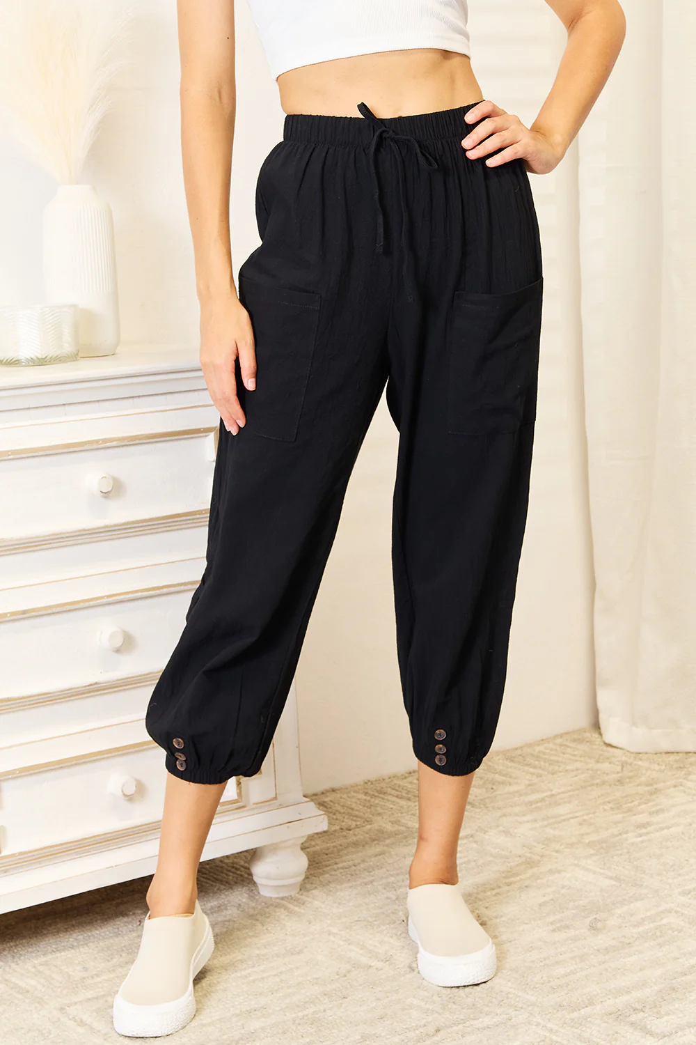 Shiny Decorative Button Cropped Pants - Image 5