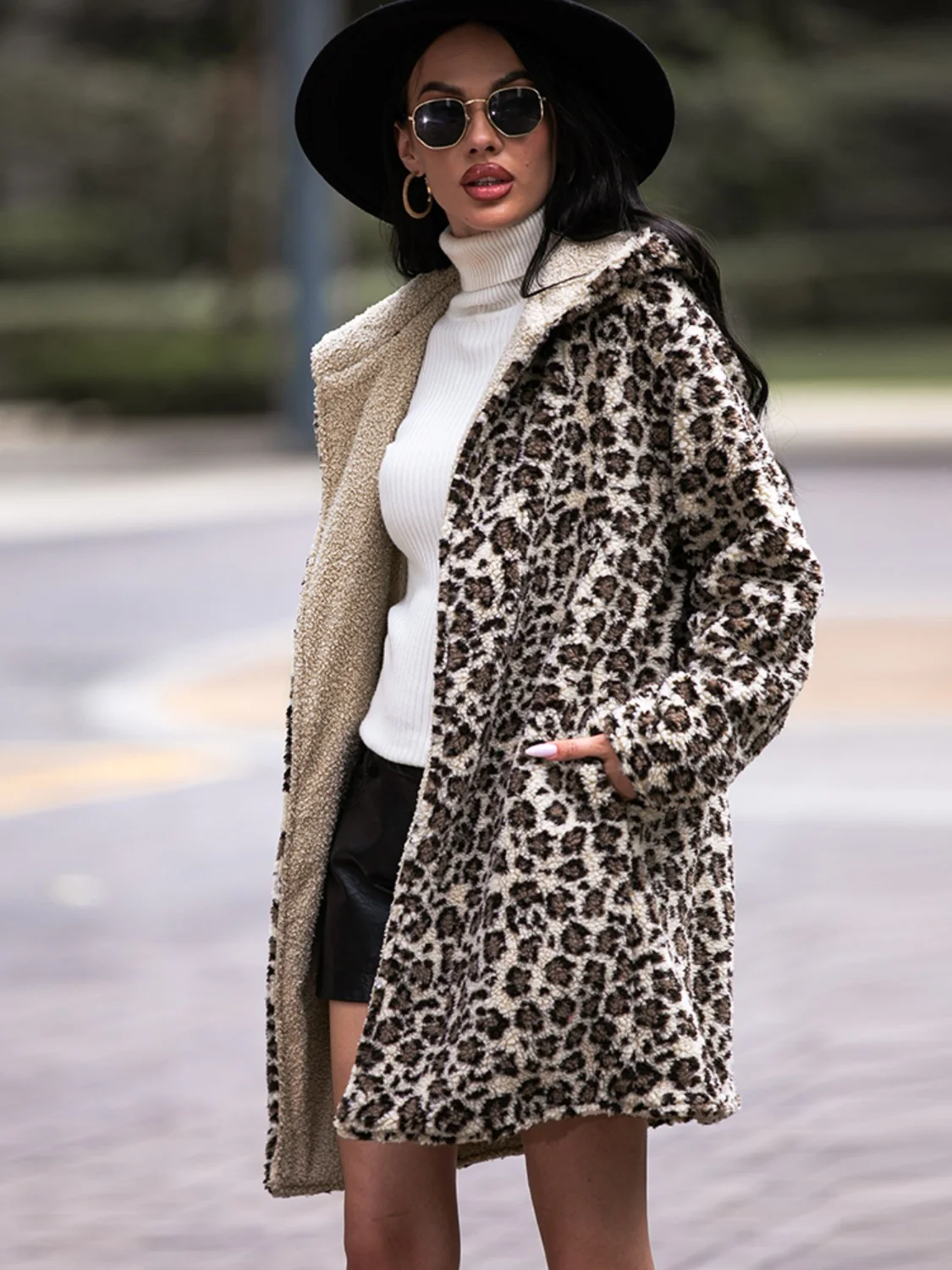 Shiny Leopard Hooded Coat with Pockets - Image 4