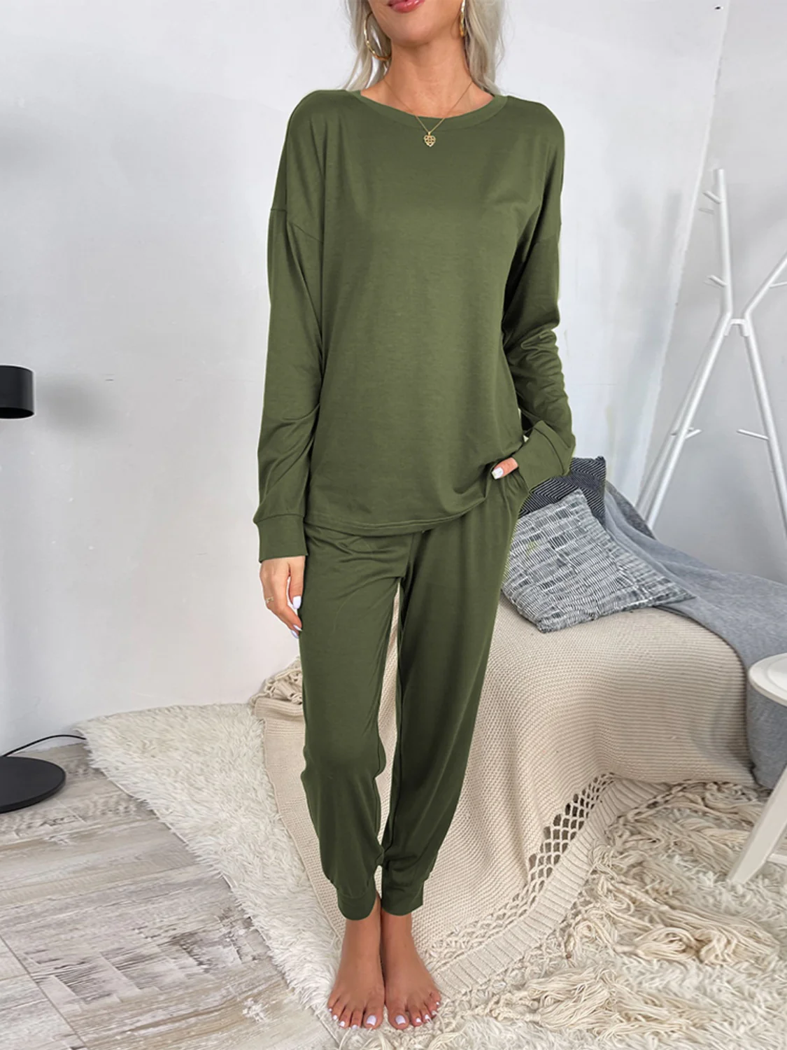 Shiny Round Neck Top and Drawstring Pants Lounge Set - Image 10