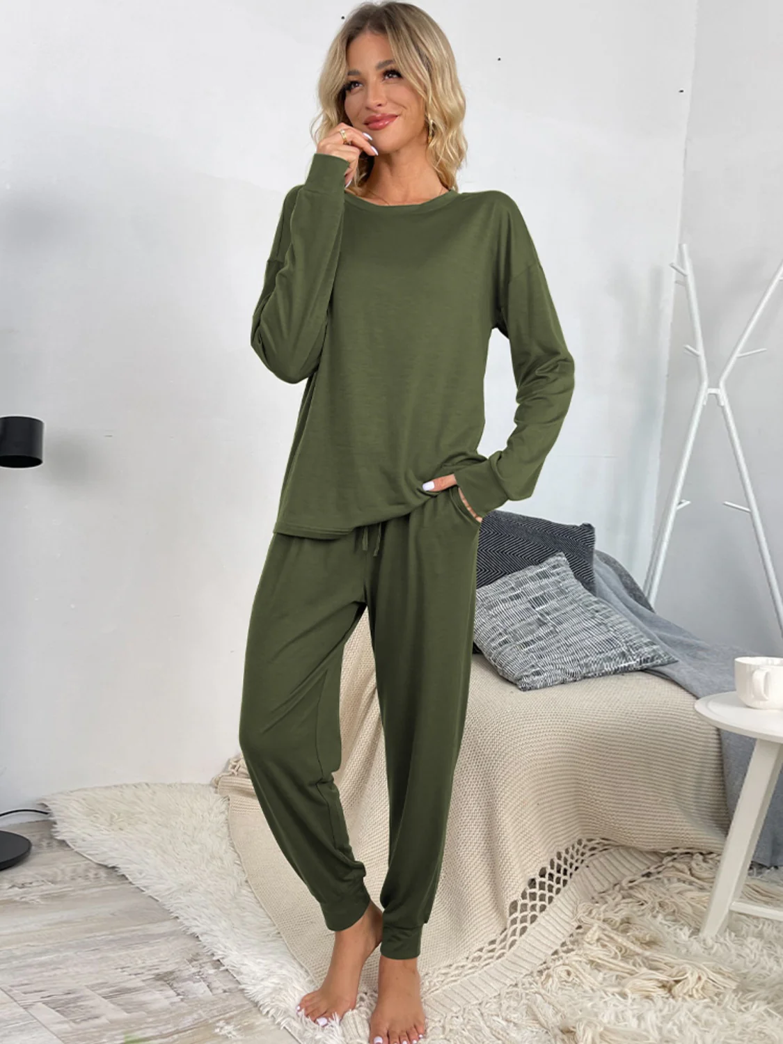 Shiny Round Neck Top and Drawstring Pants Lounge Set - Image 11
