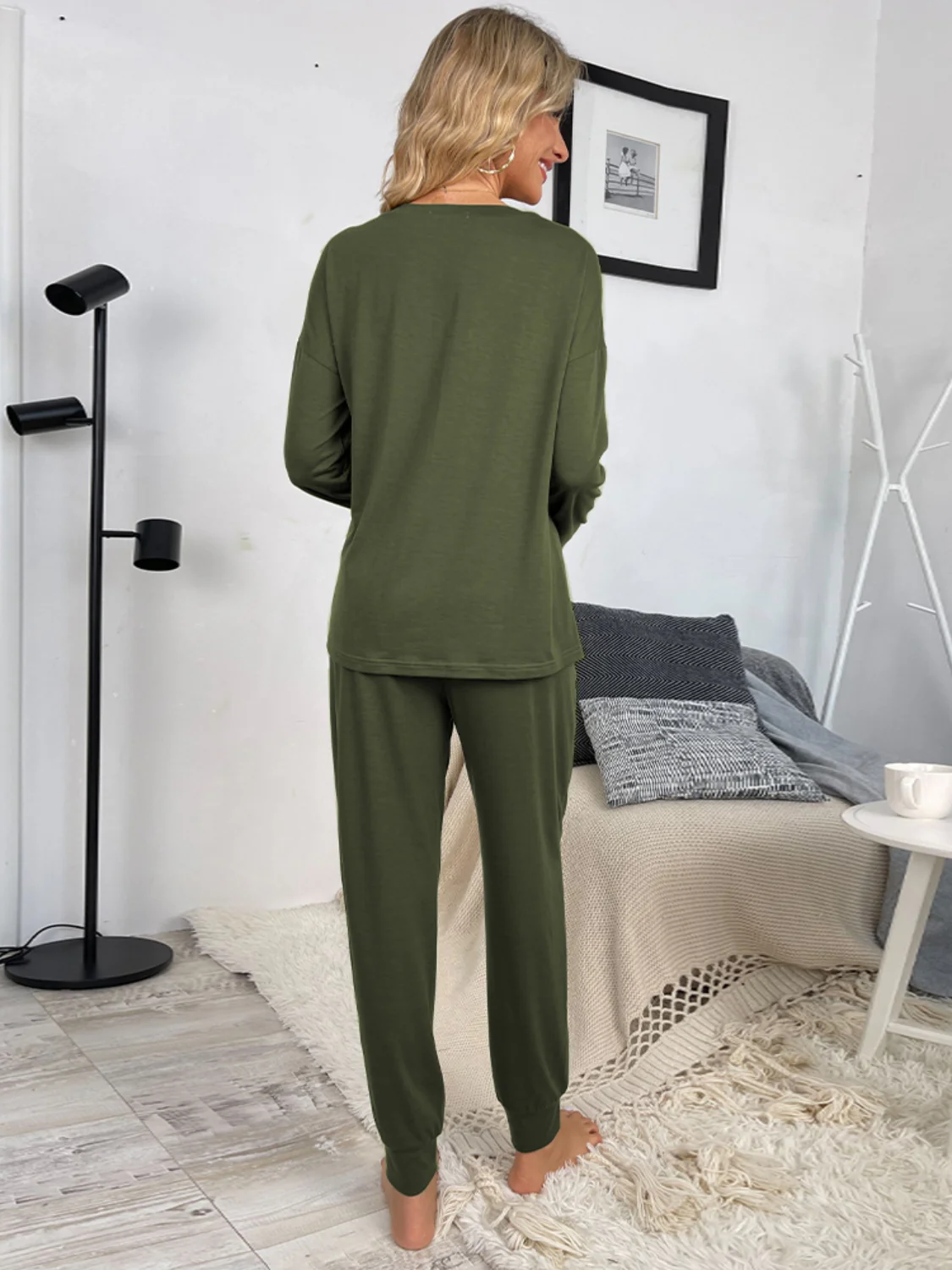 Shiny Round Neck Top and Drawstring Pants Lounge Set - Image 12