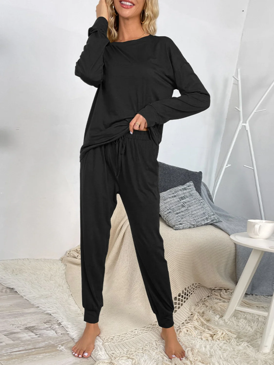 Shiny Round Neck Top and Drawstring Pants Lounge Set - Image 13