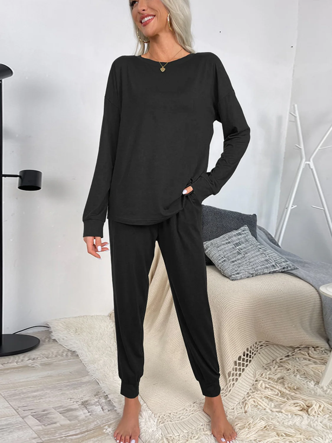 Shiny Round Neck Top and Drawstring Pants Lounge Set - Image 14