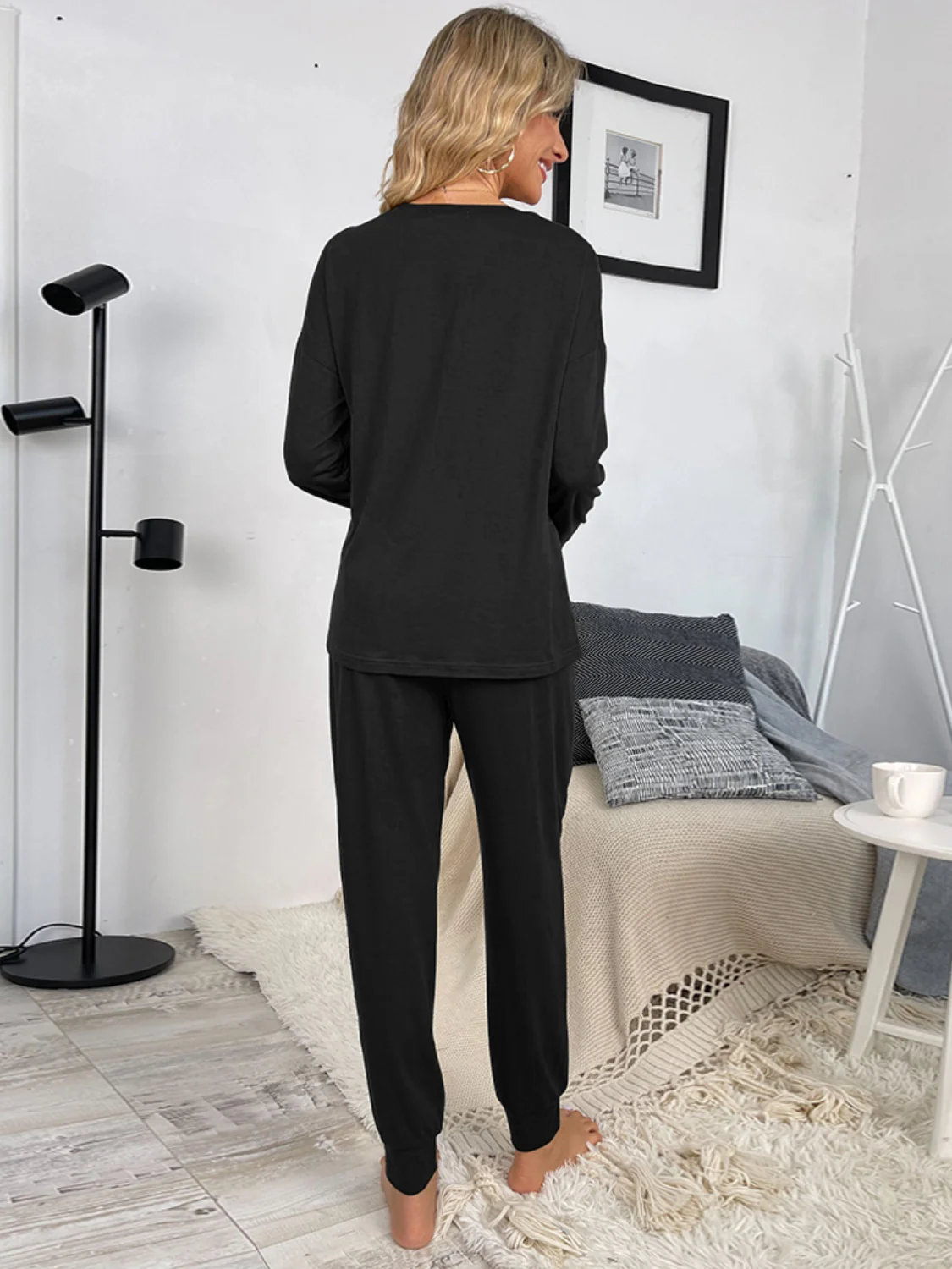 Shiny Round Neck Top and Drawstring Pants Lounge Set - Image 16