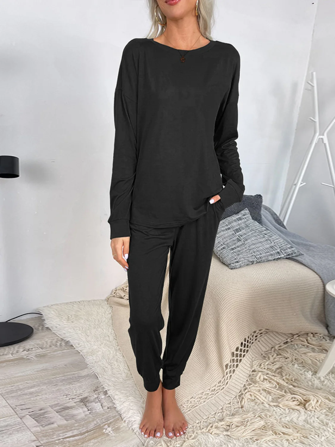 Shiny Round Neck Top and Drawstring Pants Lounge Set - Image 18