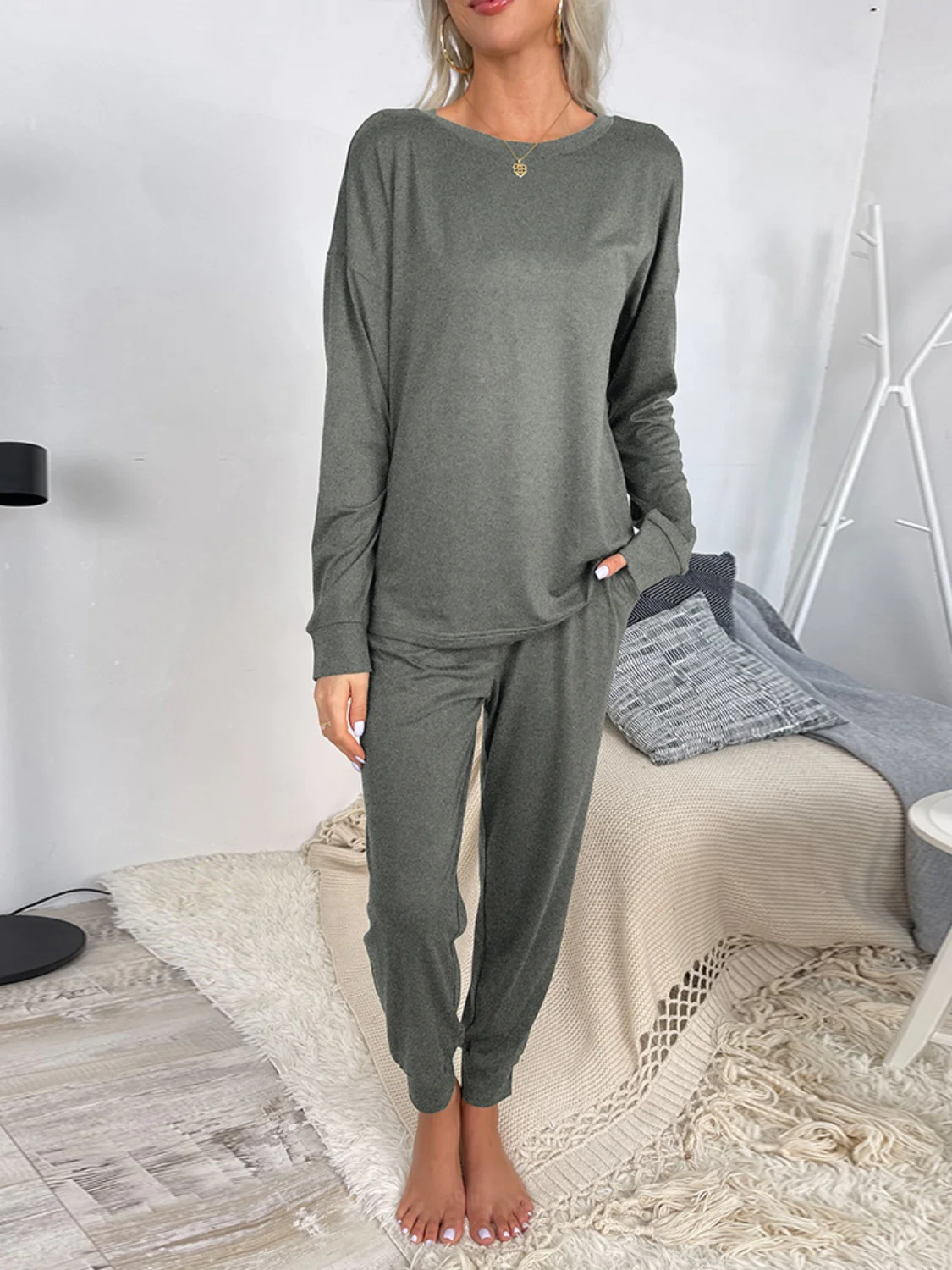 Shiny Round Neck Top and Drawstring Pants Lounge Set - Image 19