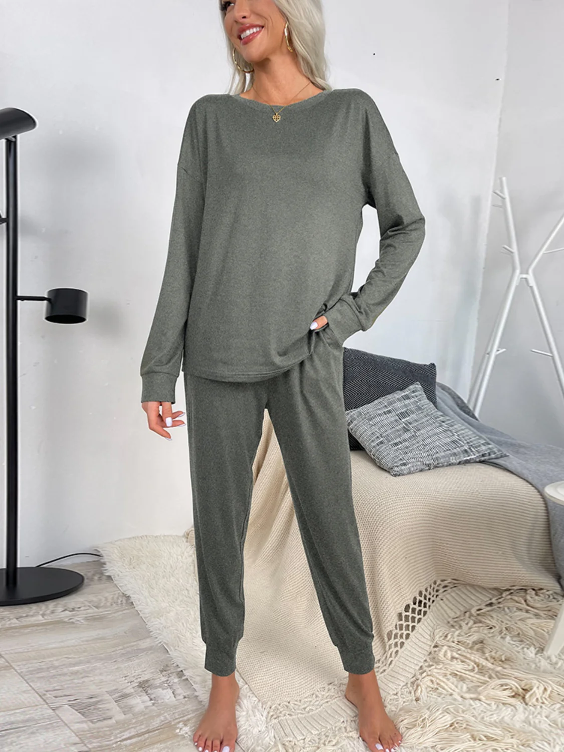 Shiny Round Neck Top and Drawstring Pants Lounge Set - Image 20