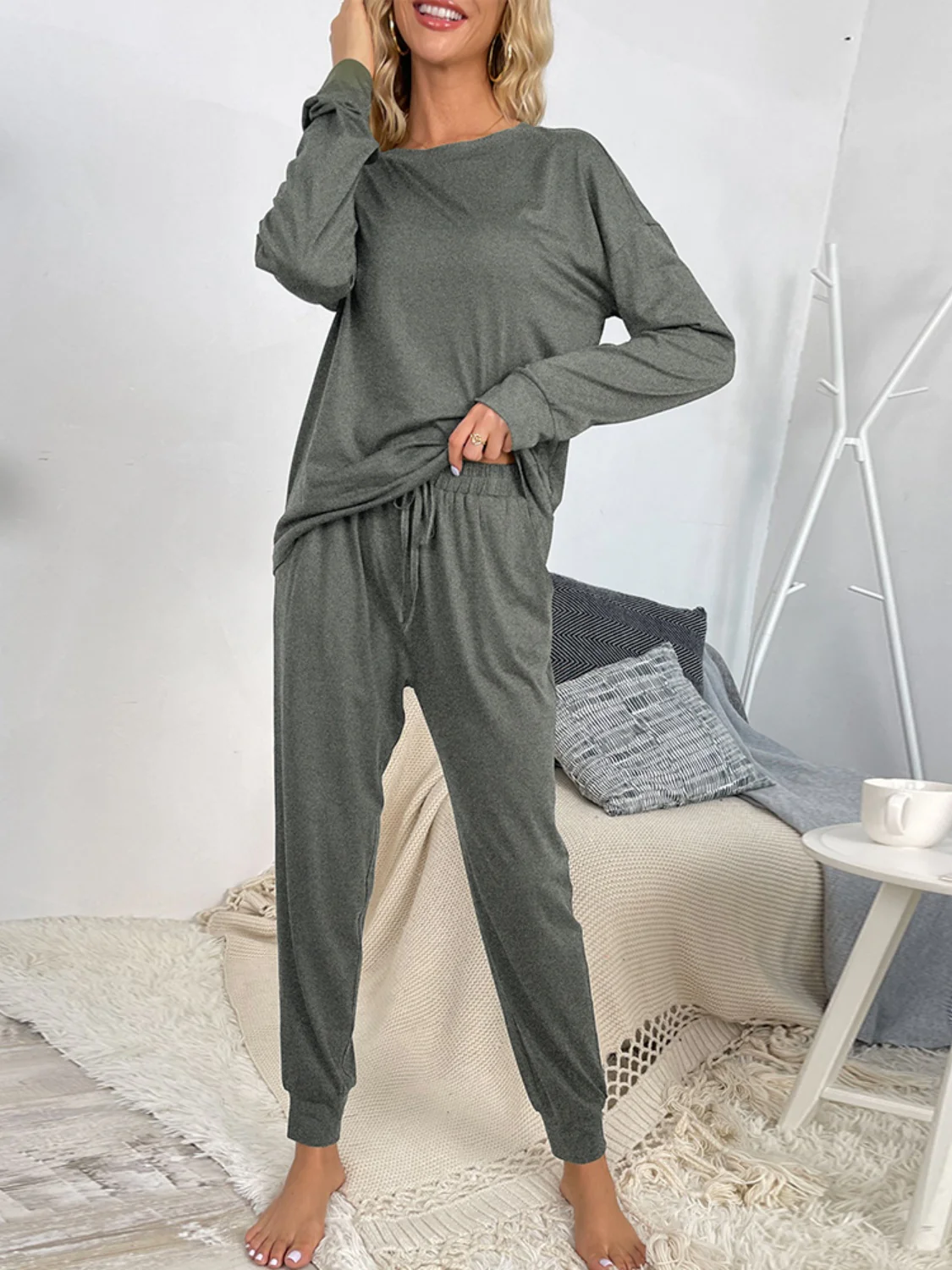 Shiny Round Neck Top and Drawstring Pants Lounge Set - Image 21