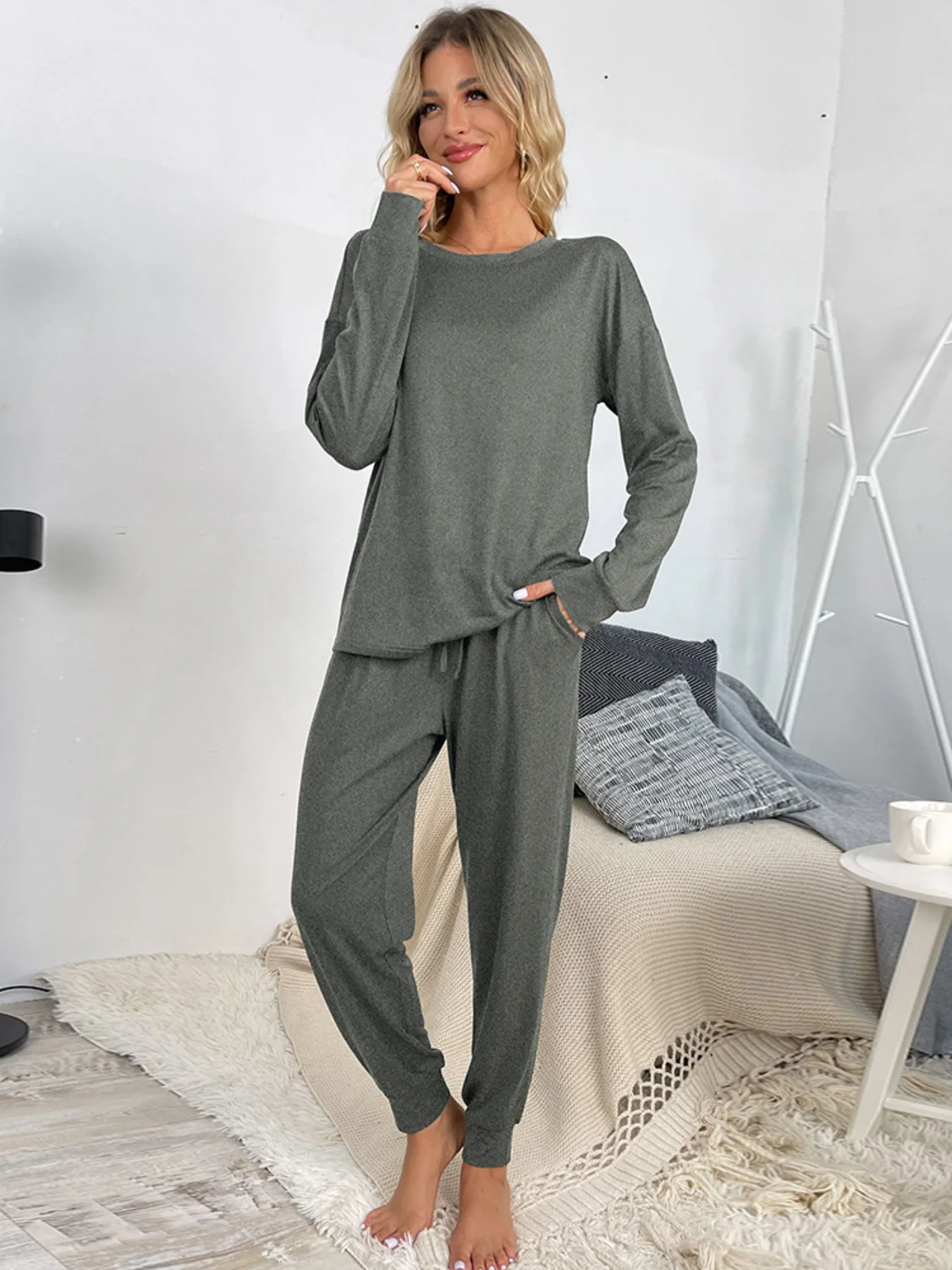 Shiny Round Neck Top and Drawstring Pants Lounge Set - Image 22