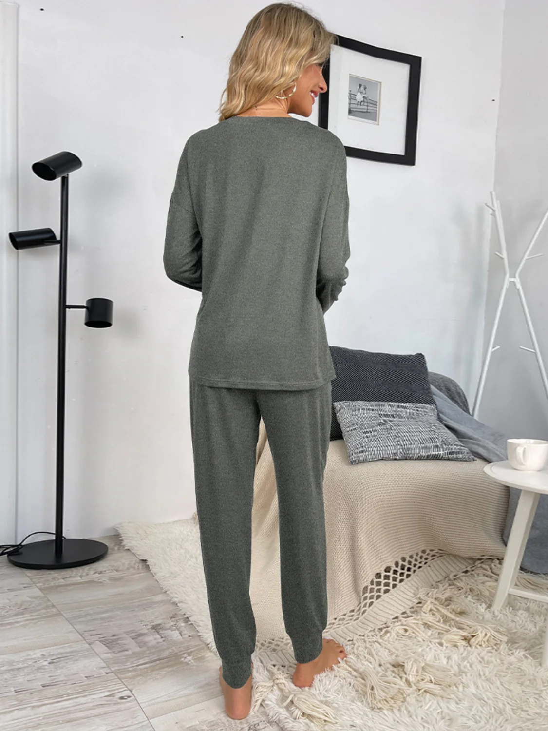 Shiny Round Neck Top and Drawstring Pants Lounge Set - Image 24