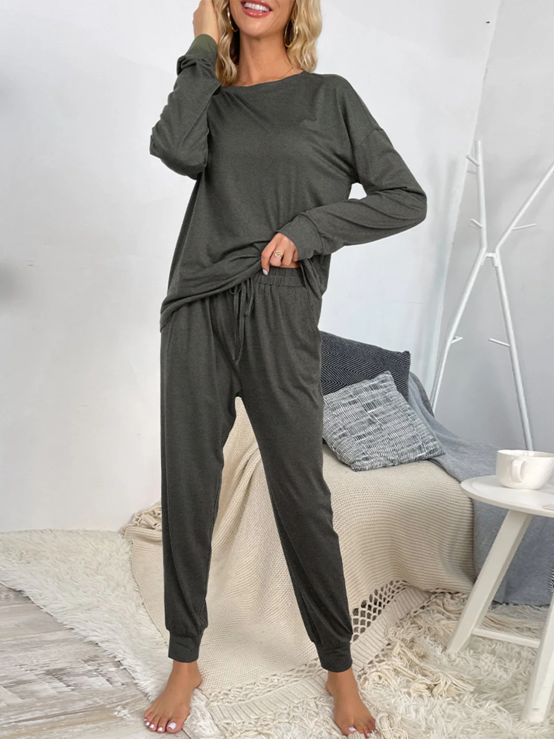 Shiny Round Neck Top and Drawstring Pants Lounge Set - Image 3