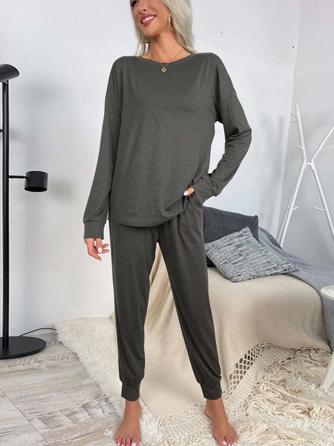 Shiny Round Neck Top and Drawstring Pants Lounge Set - Image 5