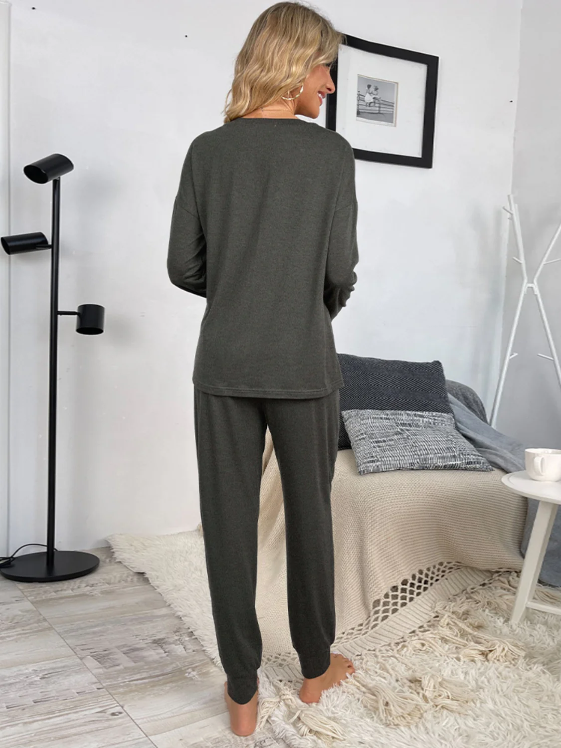 Shiny Round Neck Top and Drawstring Pants Lounge Set - Image 6