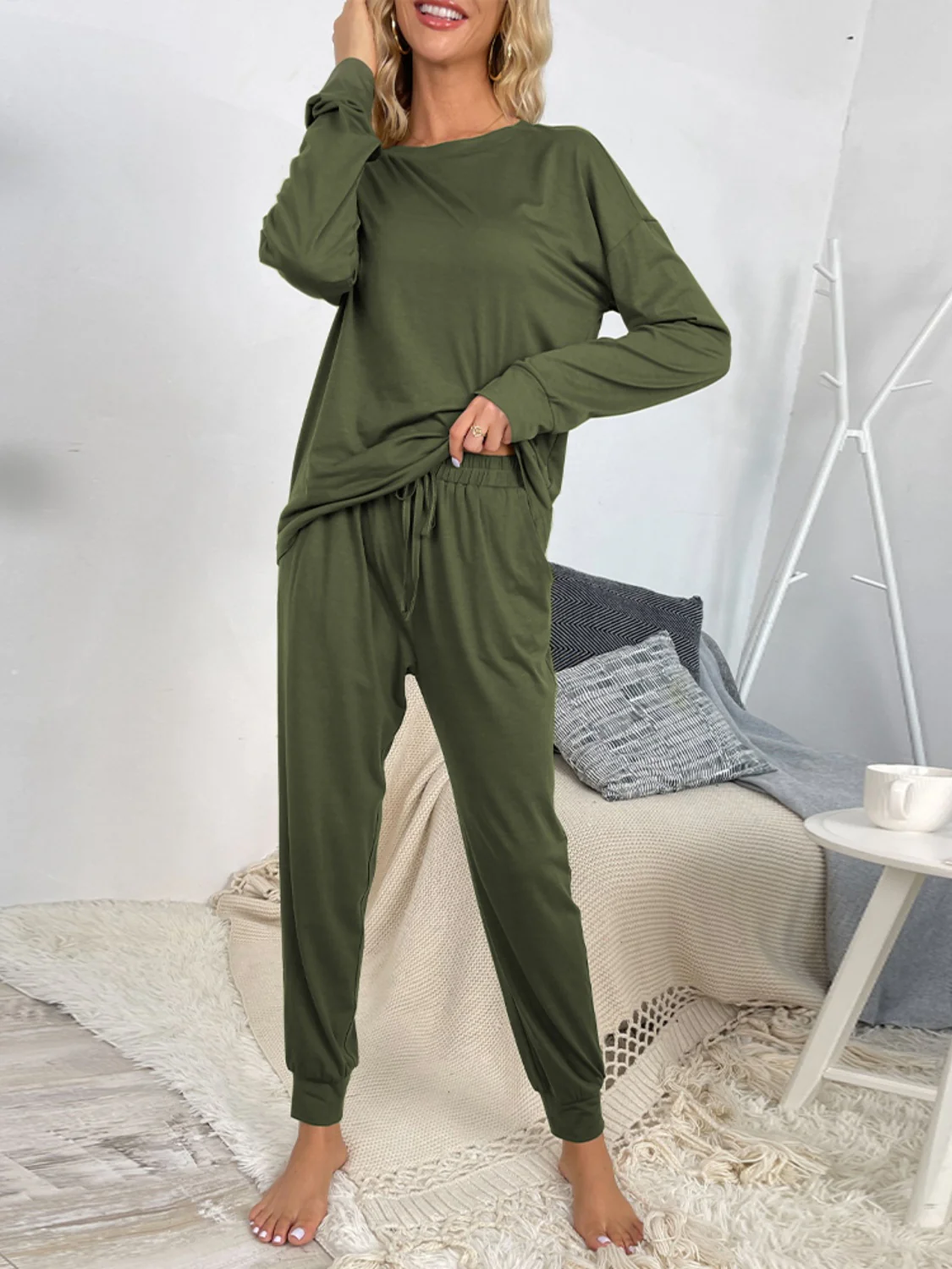 Shiny Round Neck Top and Drawstring Pants Lounge Set - Image 7