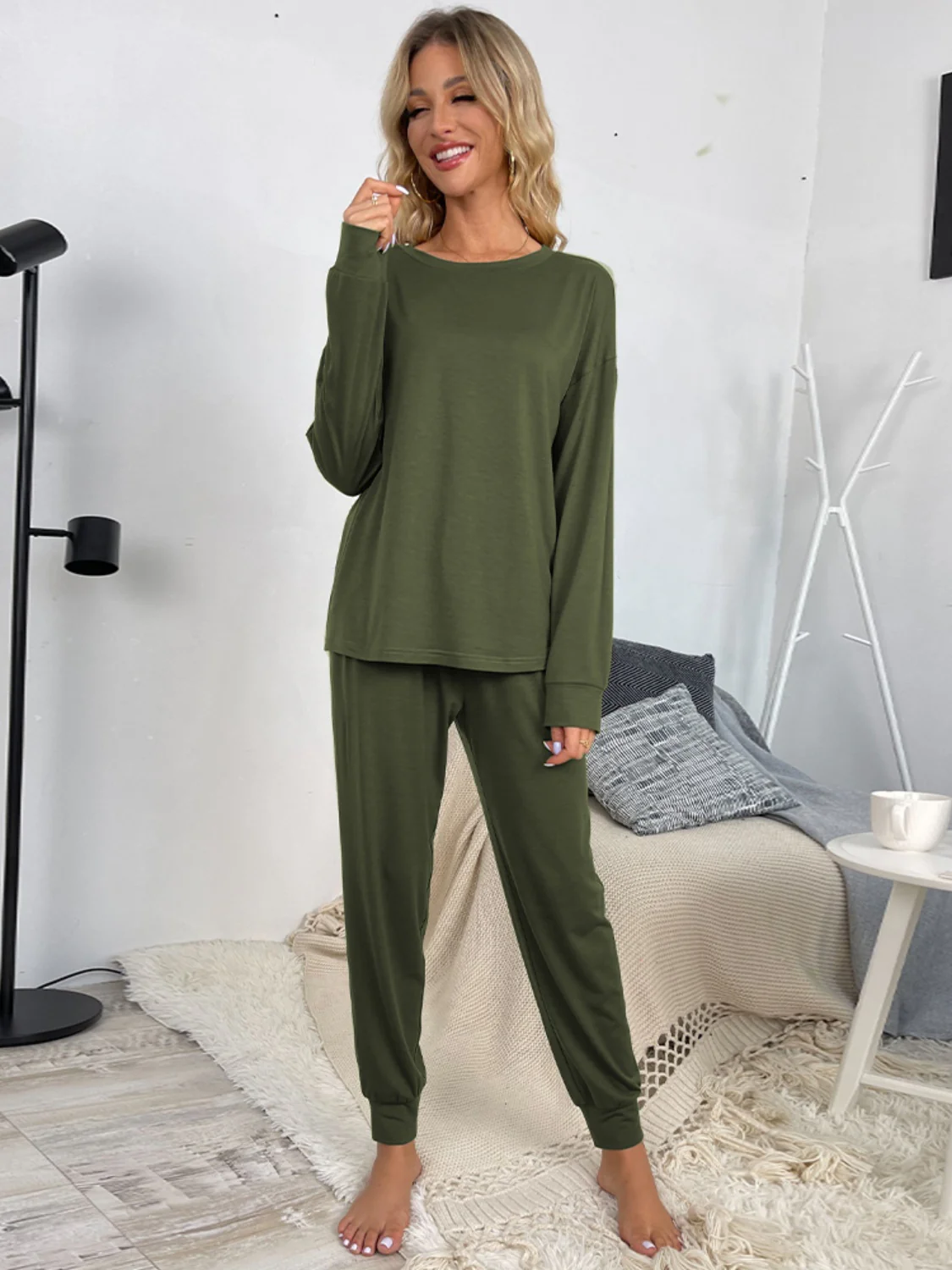 Shiny Round Neck Top and Drawstring Pants Lounge Set - Image 8
