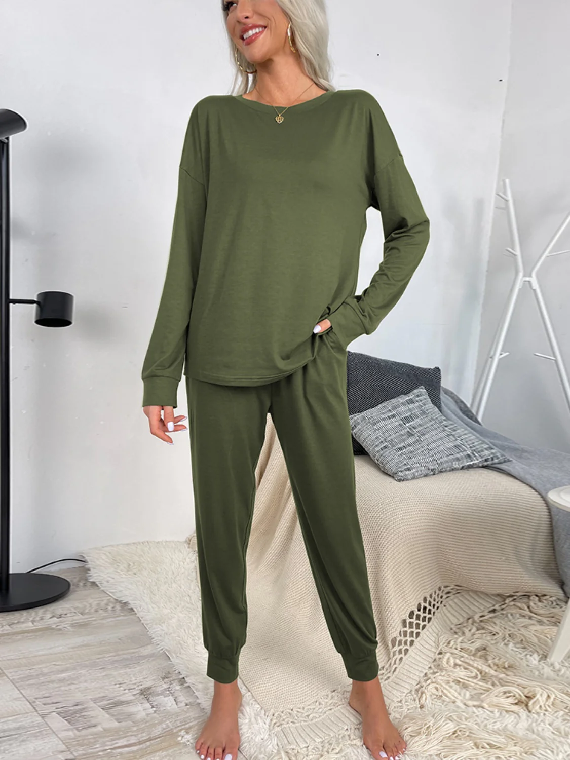 Shiny Round Neck Top and Drawstring Pants Lounge Set - Image 9