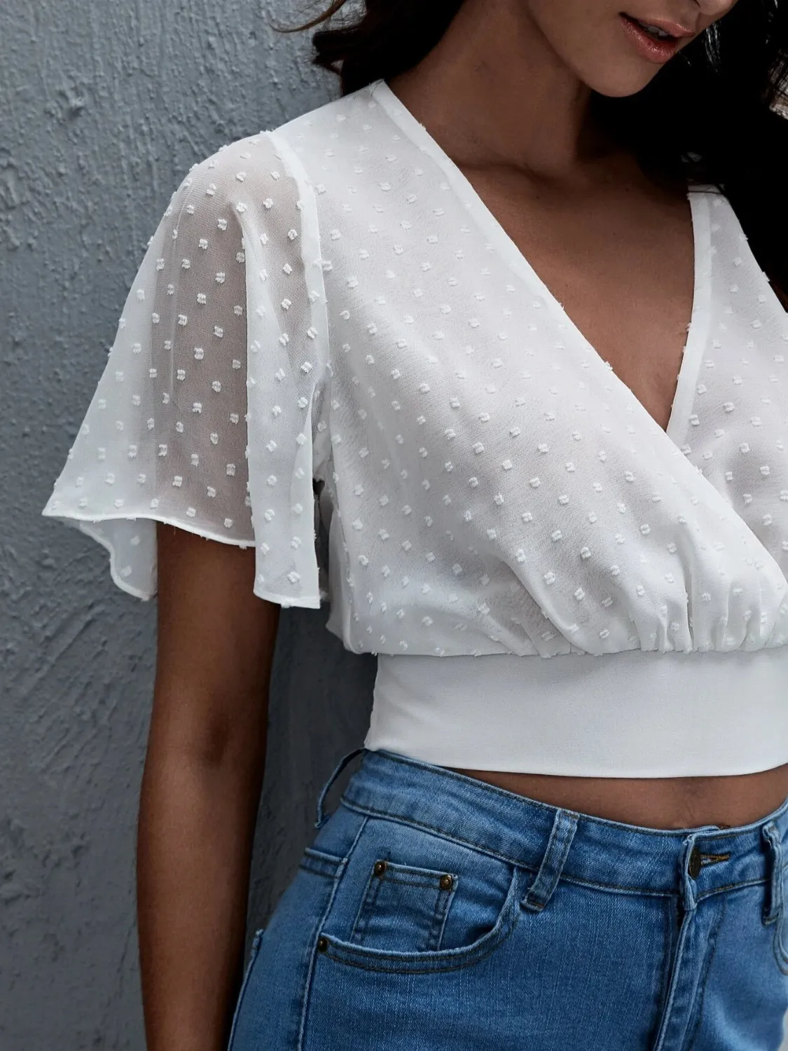 Short Sleeve Smocked Swiss Dot Blouse - Image 4