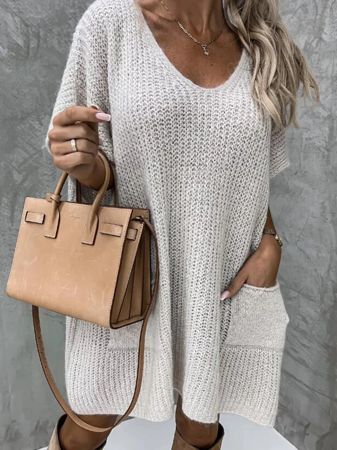 Short Sleeve Sweater Dress with Pockets - Image 8