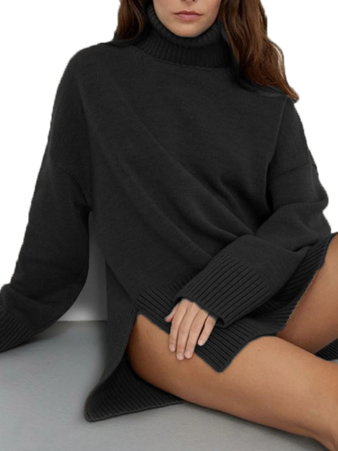 Side Slit Turtleneck Drop Shoulder Sweater - Image 14