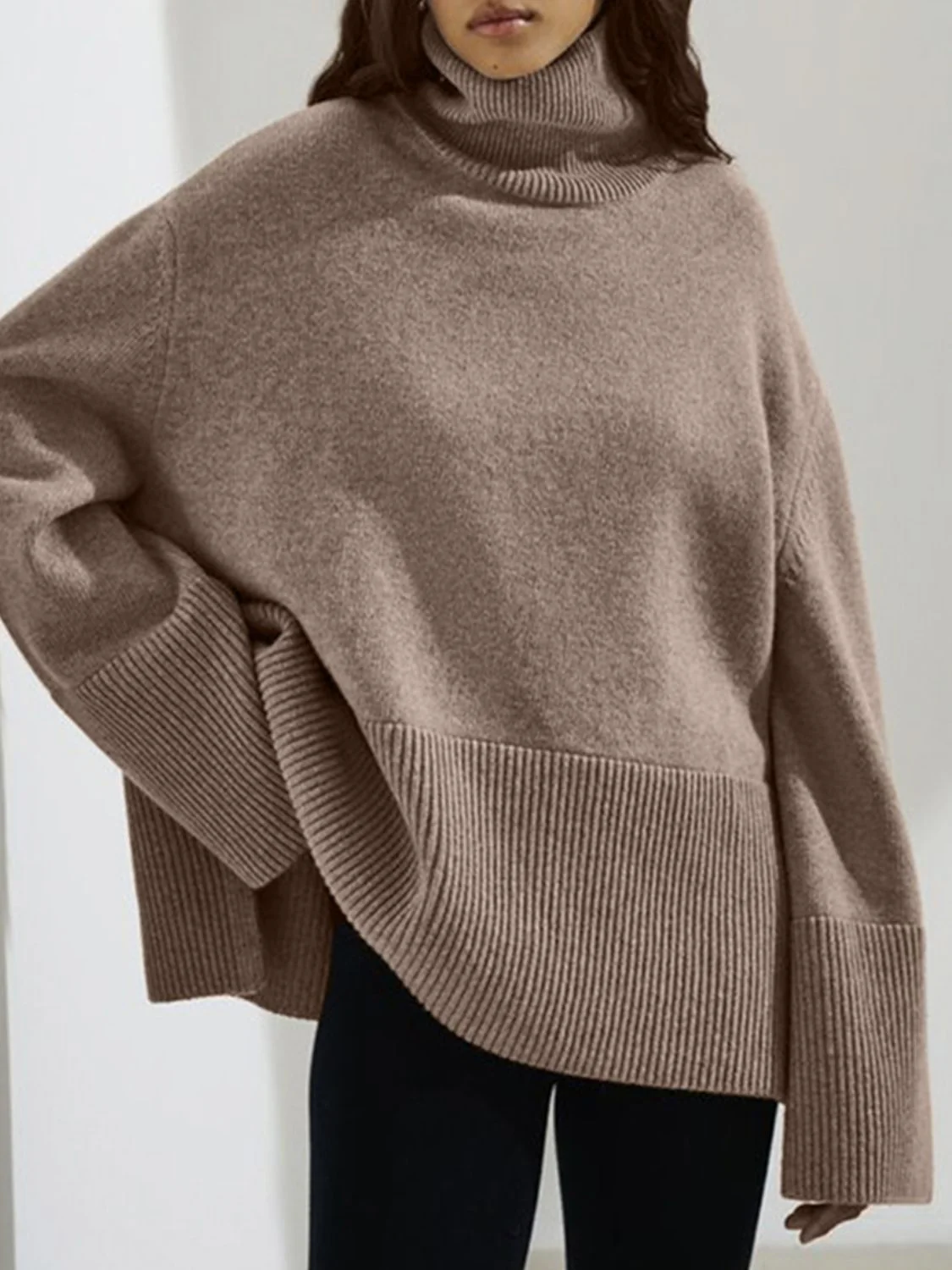 Side Slit Turtleneck Drop Shoulder Sweater - Image 21