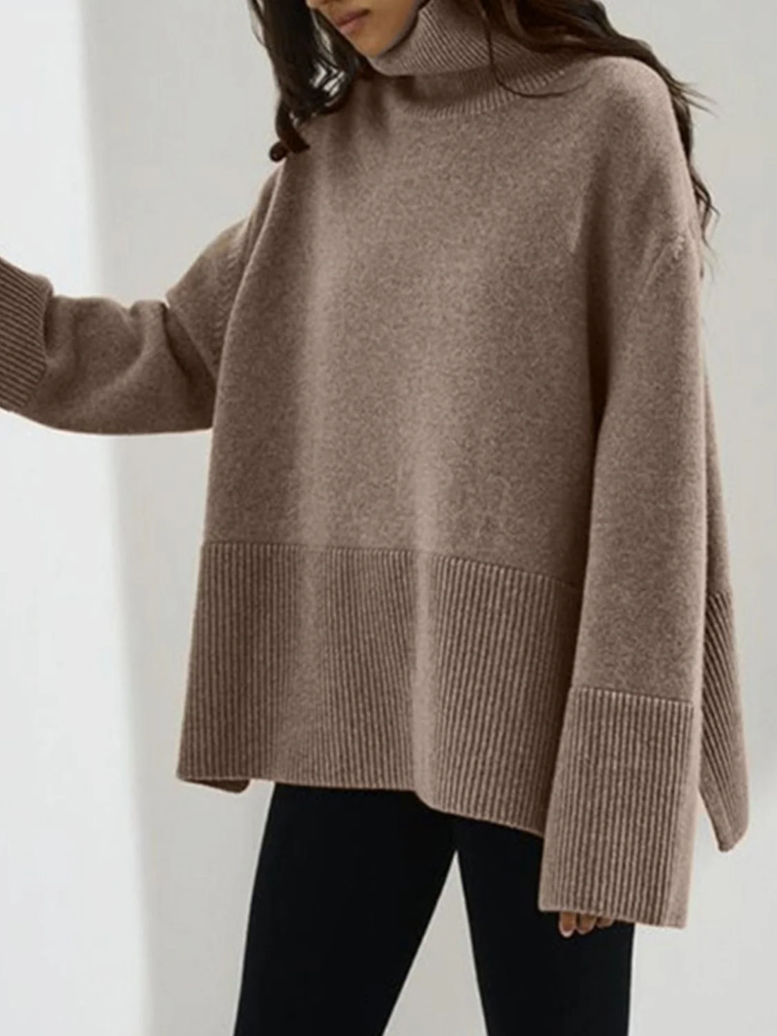 Side Slit Turtleneck Drop Shoulder Sweater - Image 22