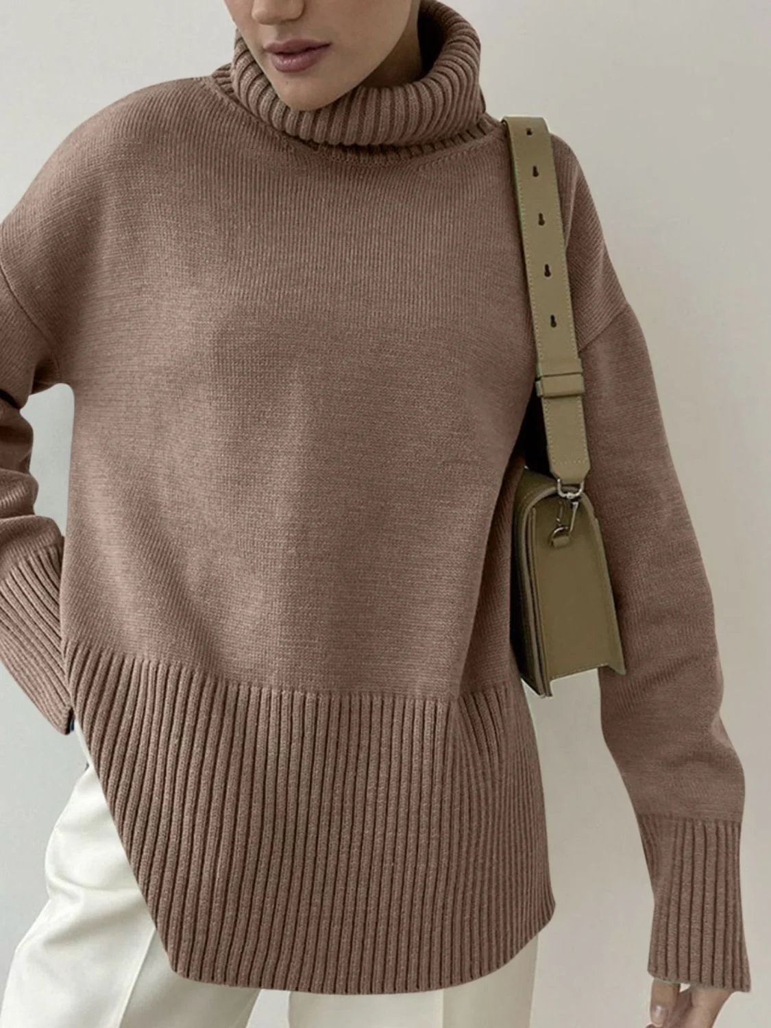 Side Slit Turtleneck Drop Shoulder Sweater - Image 23