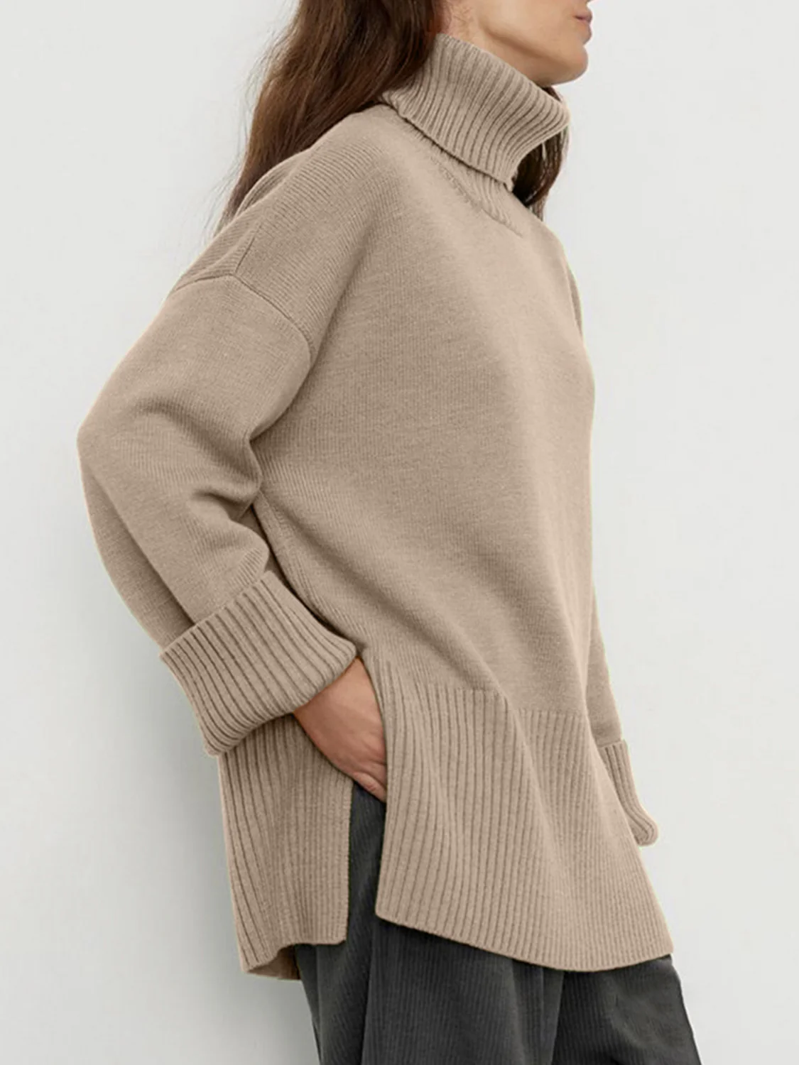 Side Slit Turtleneck Drop Shoulder Sweater - Image 6
