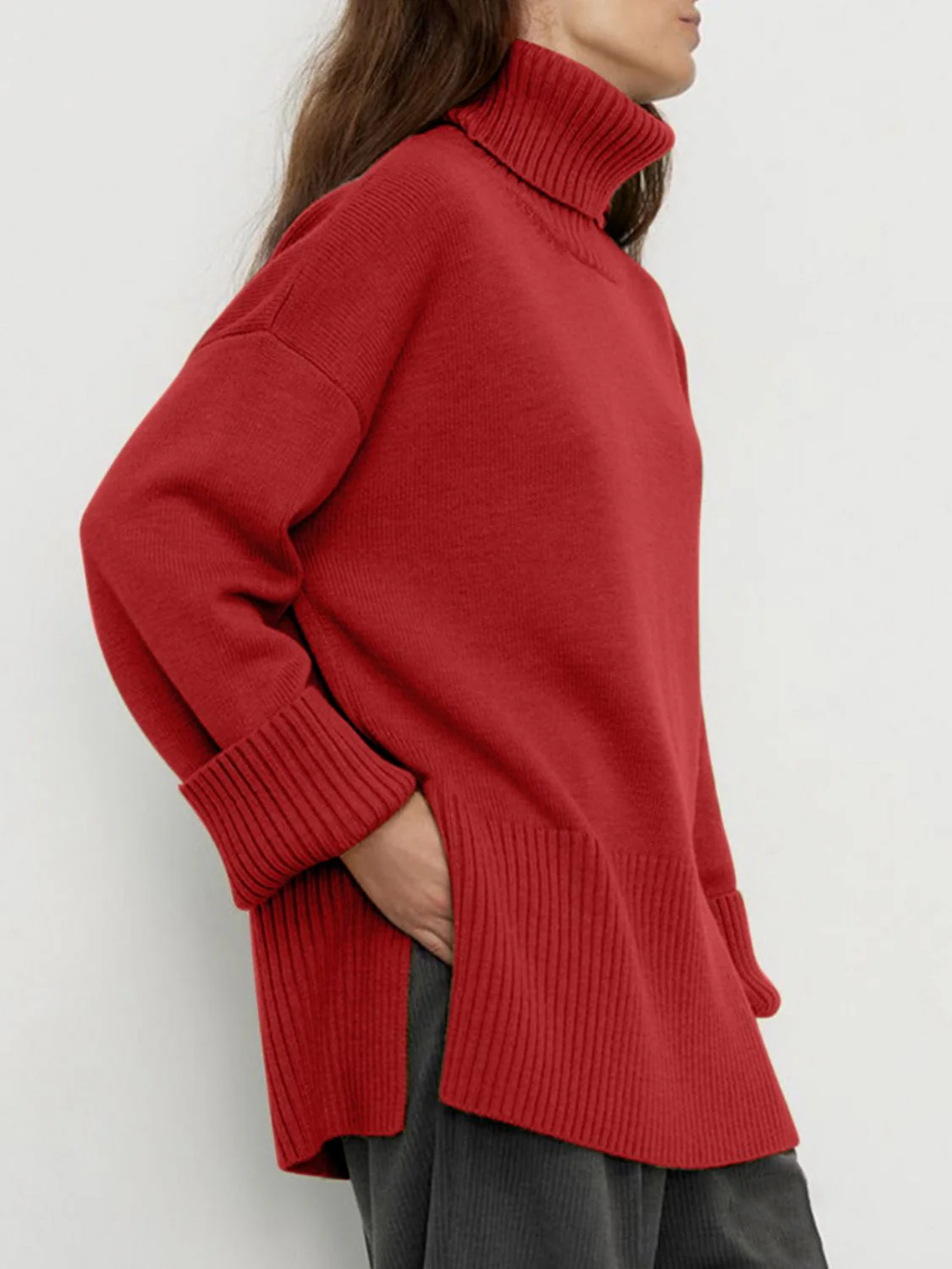 Side Slit Turtleneck Drop Shoulder Sweater - Image 9