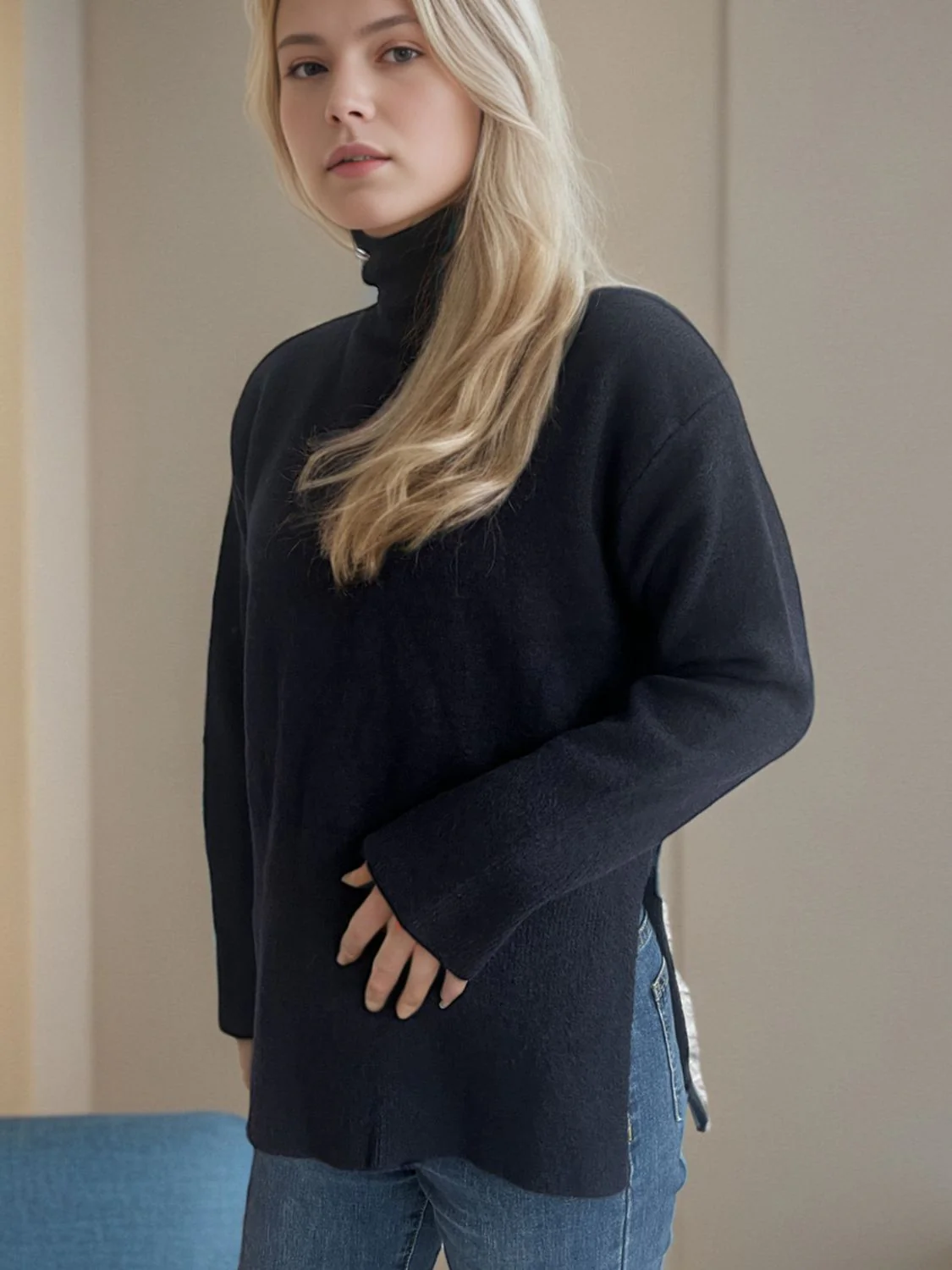 Side Slit Turtleneck Long Sleeve Sweater - Image 13