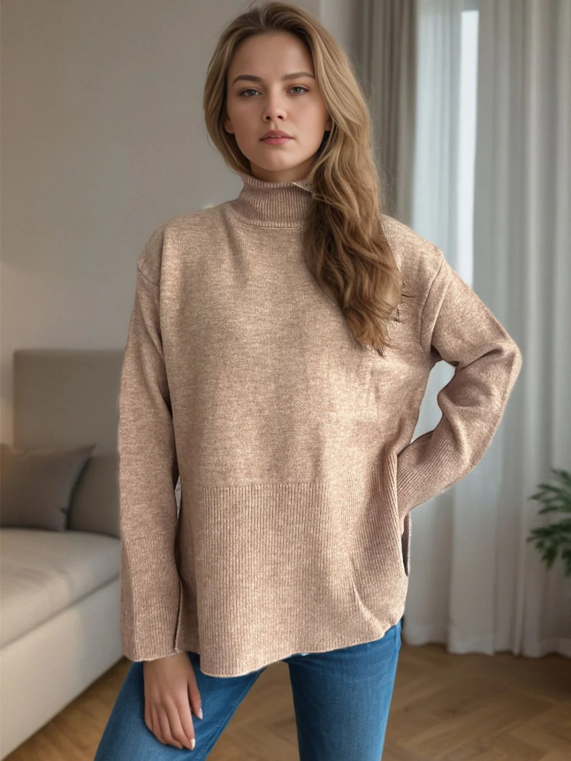 Side Slit Turtleneck Long Sleeve Sweater - Image 2