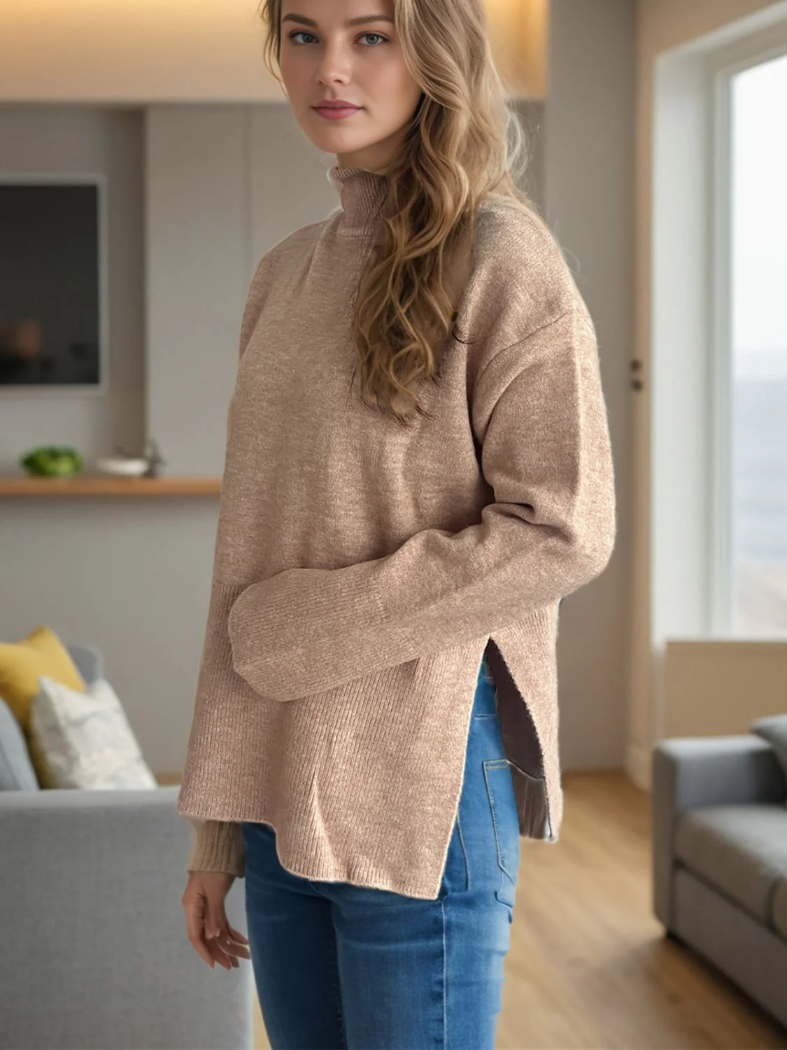 Side Slit Turtleneck Long Sleeve Sweater - Image 3