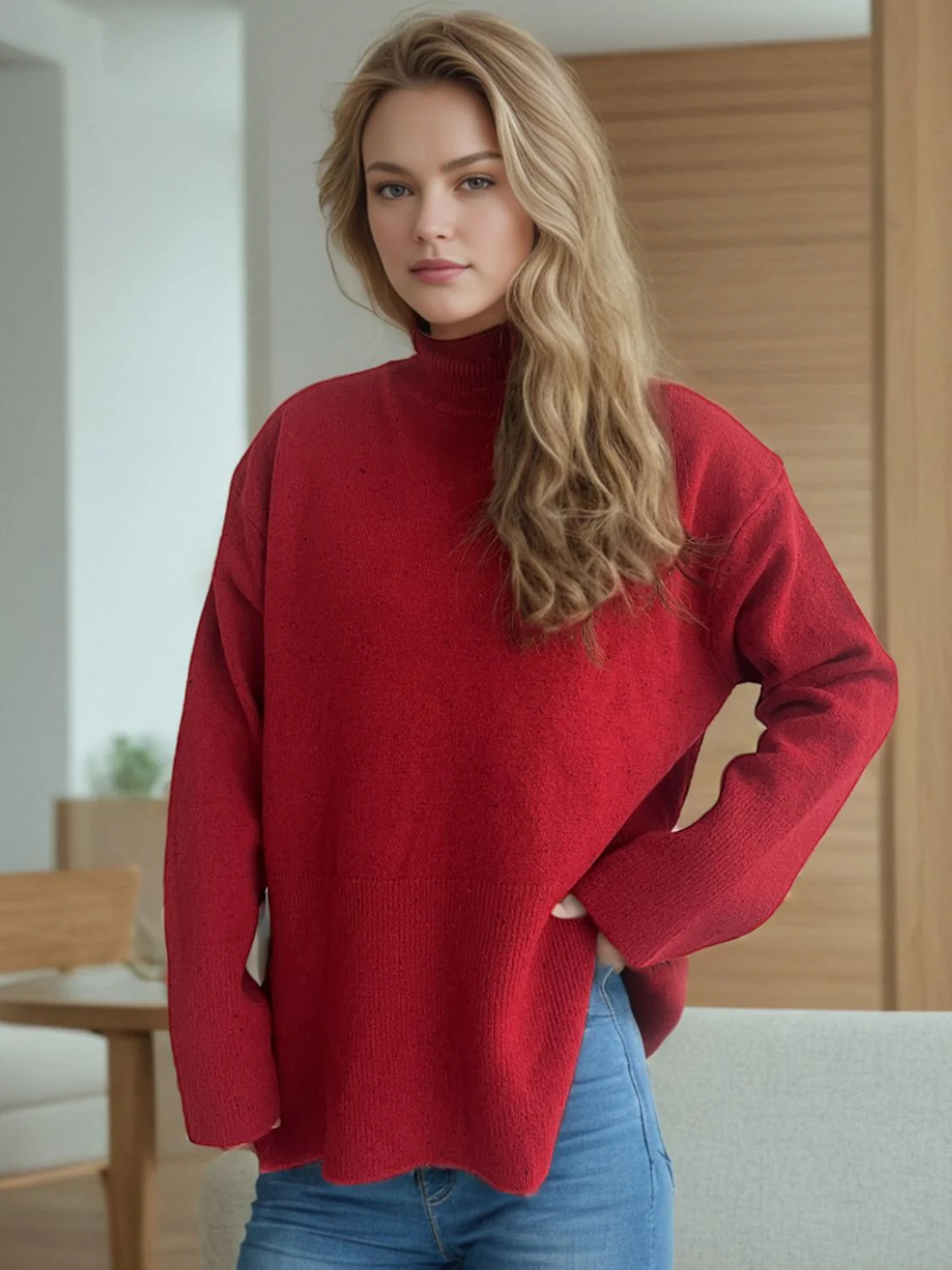 Side Slit Turtleneck Long Sleeve Sweater - Image 8