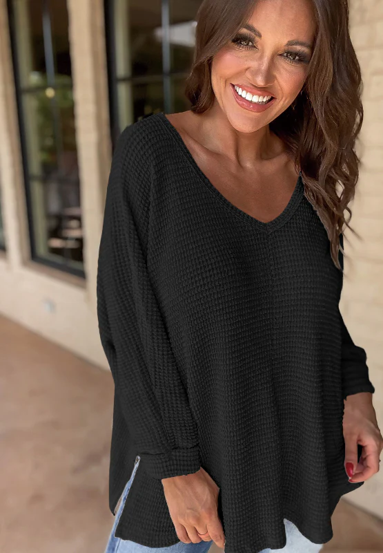 Side Slit V-Neck Long Sleeve Top - Image 11