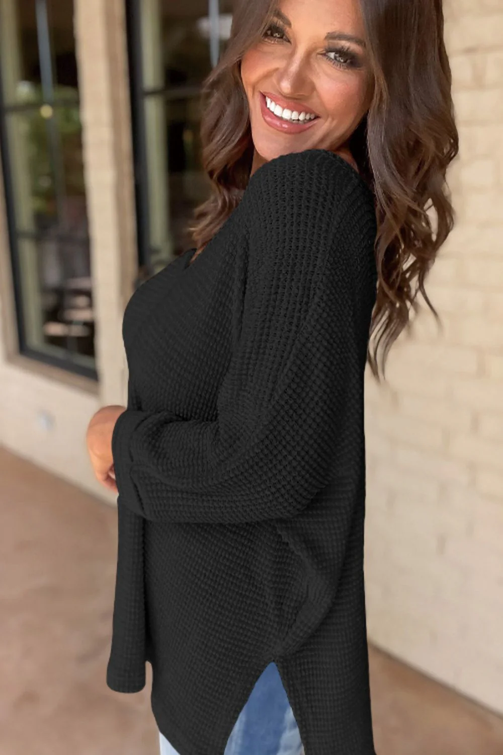 Side Slit V-Neck Long Sleeve Top - Image 12