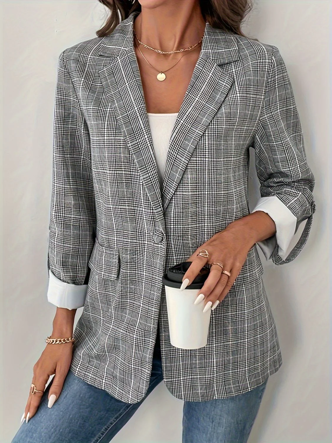 Single-Breasted Lapel Collar Plaid Blazer - Image 3
