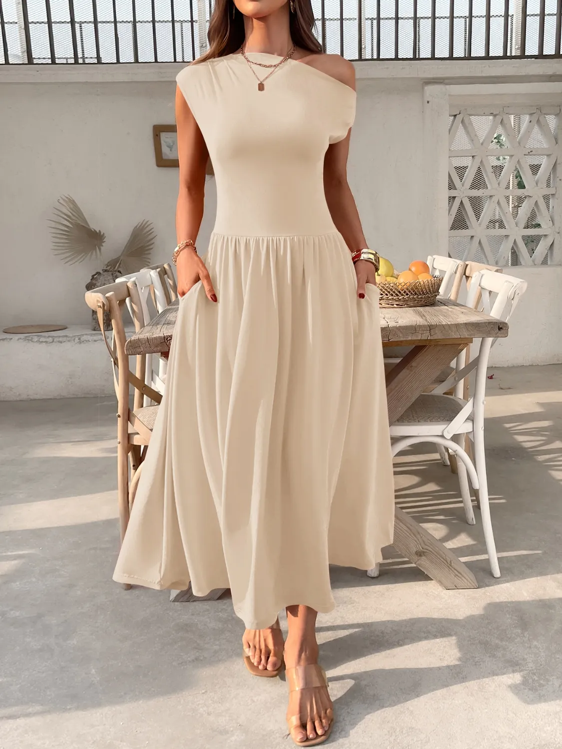 Single Shoulder Dress with Pockets - Image 13