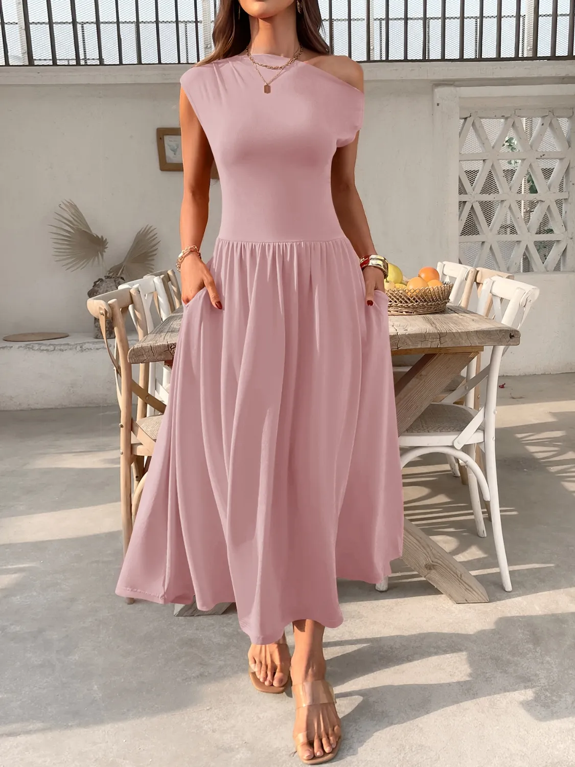 Single Shoulder Dress with Pockets - Image 6