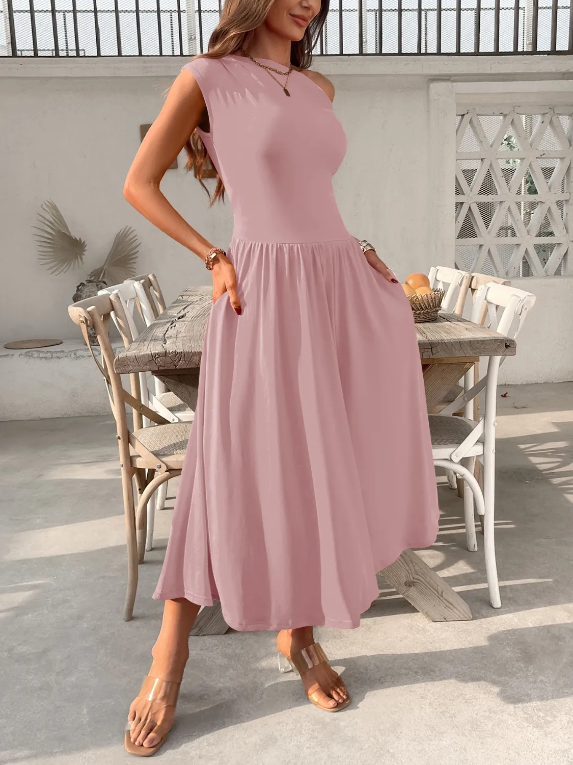 Single Shoulder Dress with Pockets - Image 7