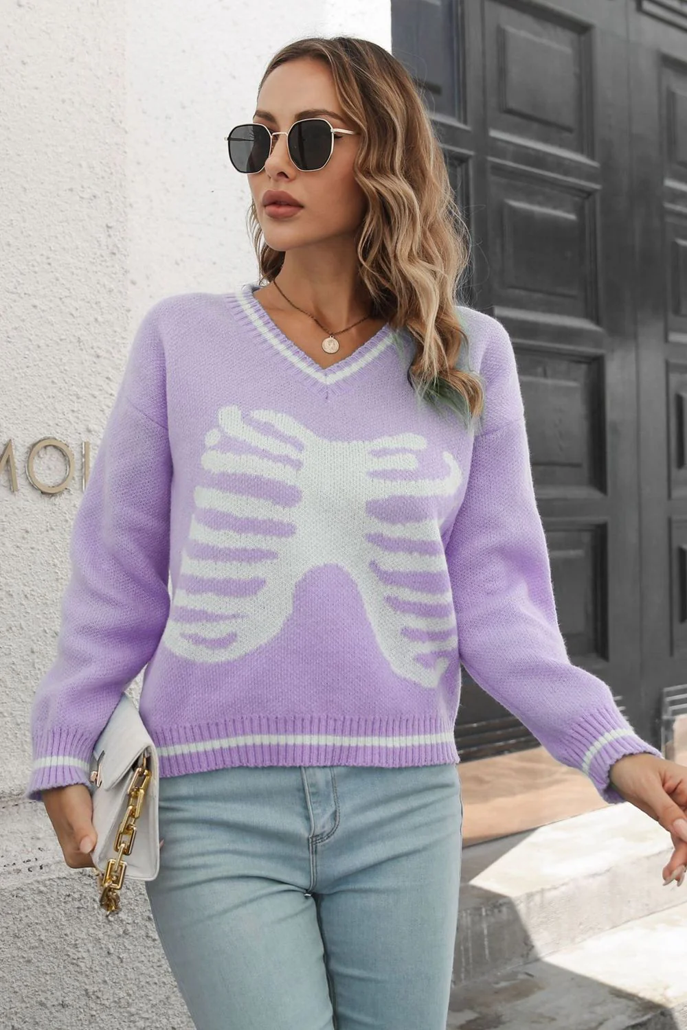 Skeleton Pattern V-Neck Long Sleeve Pullover Sweater - Image 3